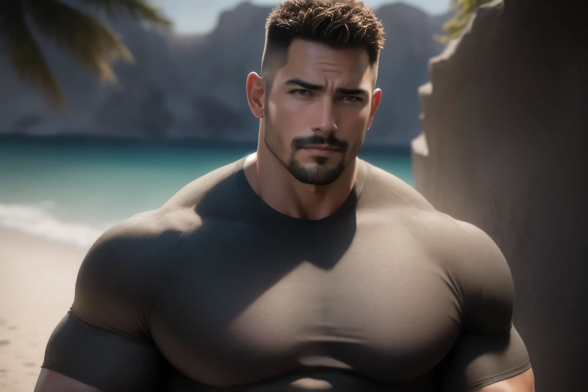 1个 muscular男人在Seaside beach exposed to the hot sun in the open air, VERY STRONG ,exquisite perfect facial features ,Buzz Cut,Buzz Cut,Seaside beach exposed to the hot sun in the open air, 他背靠着脏污的墙壁, He is wearing a brown luxury luxury business blazer, and wears high neck, long sleeve, Tight t-shirt with gray modal fabric texture, He has a sad expression, Slightly head-on, American round inch , thick thighs , Very tight, Regular symmetrical pattern, big goalslight muscles, high end western pants , character concept (Buzz Cut Chris Redfield) proud expression, deep and charming eyes, Heroic male pose , tall Burly, muscular! muscular thighs, Tough Guy, perfect facial features , big goals, Burly, Heqiang, Super exquisite and cool, big goals Resolution Committee, Extraordinary Charm , The sun is strong, Dazzling