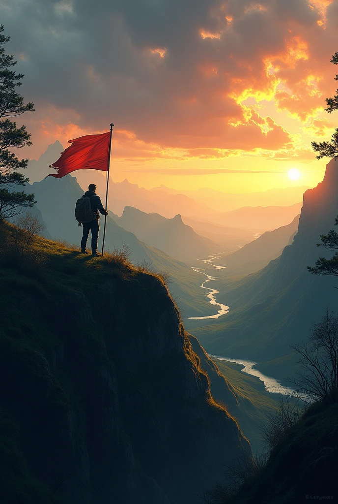 A realistic digital painting showing a man on the top of the hill along with a flag. The background features a realistic sky transitioning from deep to warm and soft gold. hills should some green vibes and a small river , the landscape is framed with minimal greenery , right and left side from frame should use tresses . The scene conveys peaceful adventure and natural beauty under a colorful dark sky.