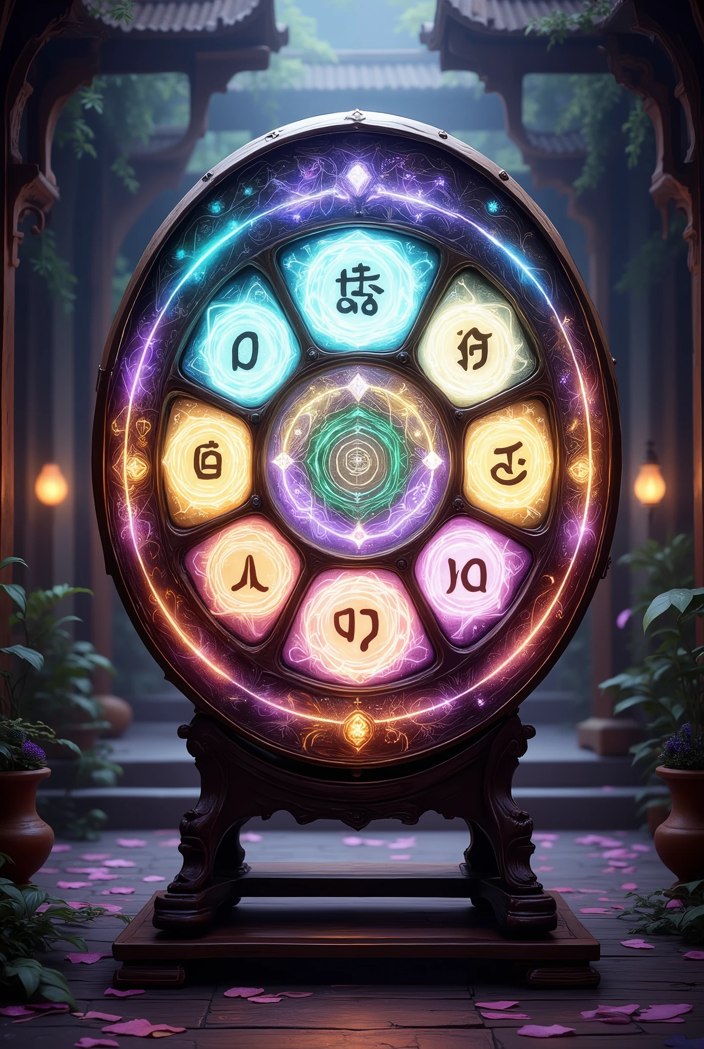 A massive oblong drum, divided into seven compartments, each contains the: 2, S, e, a, A, r, t, is the central element of the. The drum is decorated with an exquisite, hand-painted, replete with small, frame with elegant neon patterns, radiating soft, muted glow. The color scheme of gentle pastel colors — lavender, mint , peach — combined with bright neon accents, creating a sense of magic. The frame is made in Art Nouveau style, drum with smooth lines and plant motifs. Drum stands on an elegant wooden stand, dark, of deep brown color with a visible wood texture, composition that emphasizes its natural beauty. The scene is illuminated by the soft, with scattered light , creating an atmosphere of mystery and tranquility. The image is made in the style of hyperrealism, with high detail, with the clarity of every line and texture. The camera is located at eye level, providing a full view of the object. The focus of sharpness is concentrated on the, symbol blurring the background to soft, unobtrusive bokeh. The composition is symmetrical, , balance is achieved through an even distribution of elements. The depth effect is created by the play of light and shadow. 8k resolution, difficult details, masterpiece, better quality,