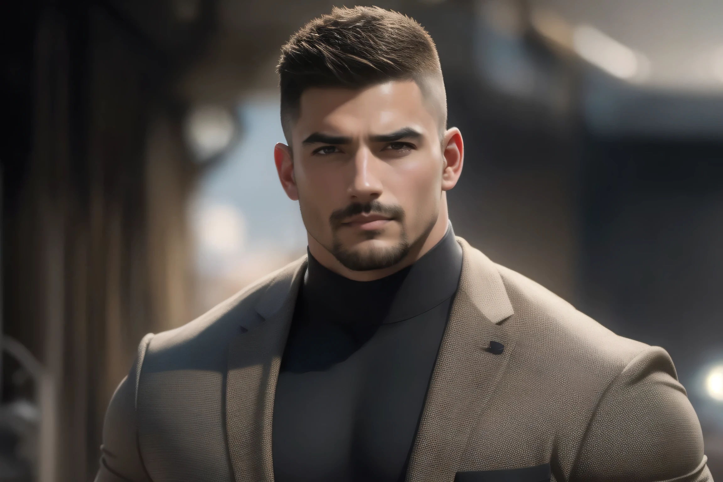 1个 muscular男人在Seaside beach exposed to the hot sun in the open air, VERY STRONG ,exquisite perfect facial features ,Buzz Cut,Buzz Cut,Seaside beach exposed to the hot sun in the open air, 他背靠着脏污的墙壁, He is wearing a brown luxury luxury business blazer, and wears high neck, long sleeve, Tight t-shirt with gray modal fabric texture, He has a sad expression, Slightly head-on, American round inch , thick thighs , Very tight, Regular symmetrical pattern, big goalslight muscles, high end western pants , character concept (Buzz Cut Chris Redfield) proud expression, deep and charming eyes, Heroic male pose , tall Burly, muscular! muscular thighs, Tough Guy, perfect facial features , big goals, Burly, Heqiang, Super exquisite and cool, big goals Resolution Committee, Extraordinary Charm , The sun is strong, Dazzling