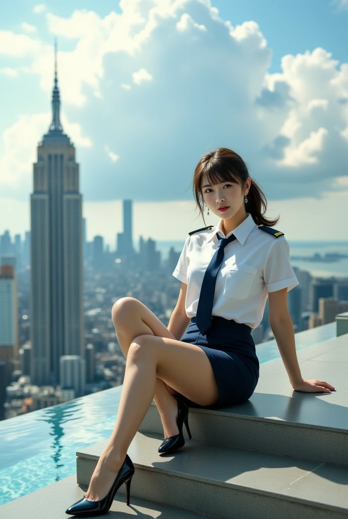 ???? beautiful Japanese woman, a self defense officer uniform, wearing a white short-sleeved shirts, navy blue tie, navy blue pencil skirt, Black patent high heels, brown hair, bangs, floating hair, low ponytail, beautiful hip-line, Beautiful thighs, a woman sitting on steps to enter the infinity pool, Overlooking the New York City skyline, The sun is shining, blue sky, cumulonimbus cloud, from above, Surrealism, High quality, UHD, retina, masterpiece, accurate, anatomically correct, textured skin, super detail, high details, high quality, best quality, highres, 1080P, HD, 4K, 8k, 16k