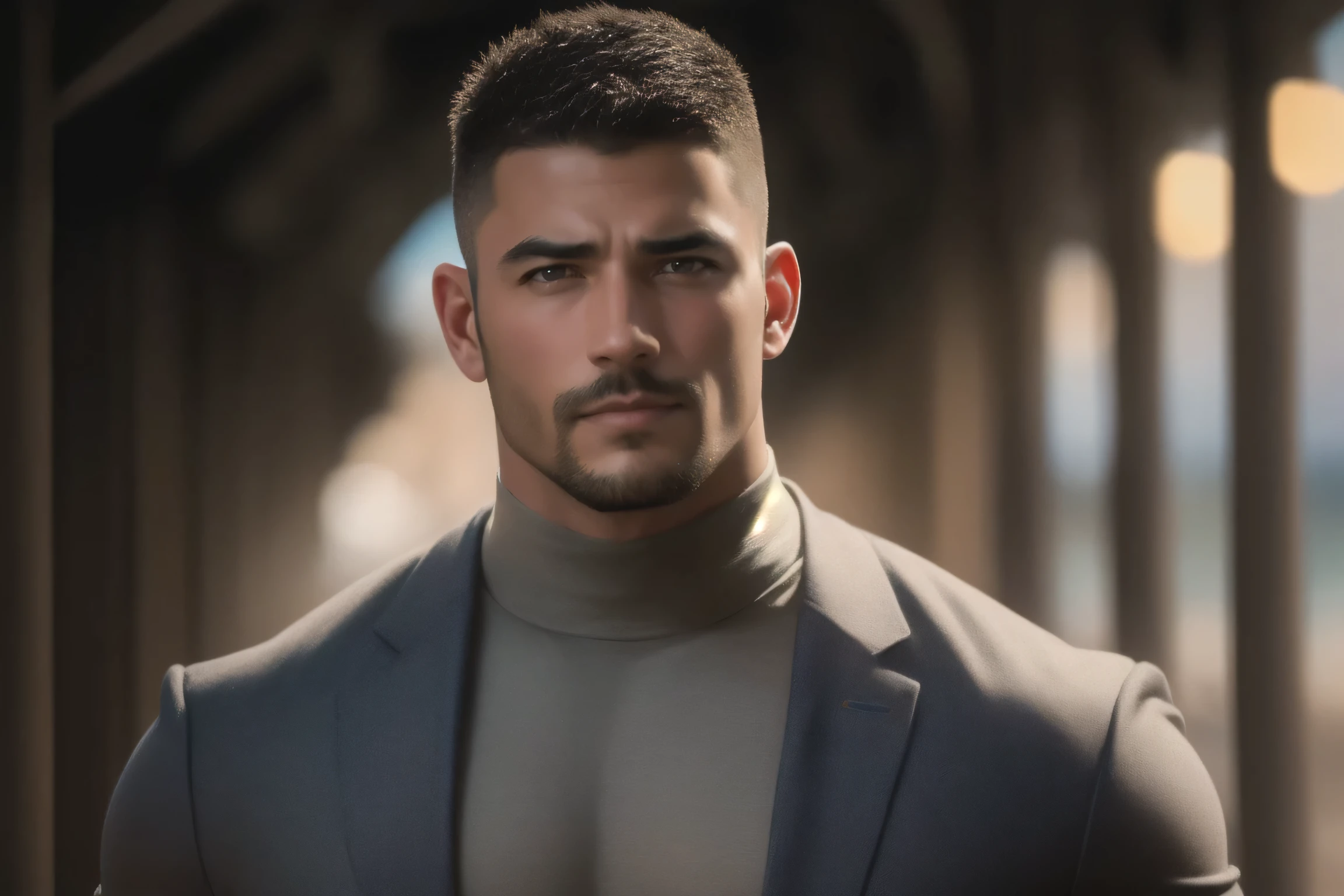 1个 muscular男人在Seaside beach exposed to the hot sun in the open air,    VERY STRONG  ，exquisite perfect facial features ，Buzz Cut，Buzz Cut，Seaside beach exposed to the hot sun in the open air, 他背靠着脏污的墙壁， He is wearing a high-class luxury business suit jacket in hemp grey， and wears high neck, long sleeve, Tight t-shirt with gray modal fabric texture, He has a sad expression， Slightly head-on,  American round inch ,   thick thighs  , Very tight, Regular symmetrical pattern, big goalslight muscles, high end western pants ,   character concept  （Buzz Cut Chris Redfield）  proud expression,  deep and charming eyes, Heroic male pose , tall Burly,  muscular！ muscular thighs, Tough Guy,  perfect facial features , big goals, Burly, Heqiang, Super exquisite and cool, big goals Resolution Committee, Extraordinary Charm  , The sun is strong,   Dazzling  