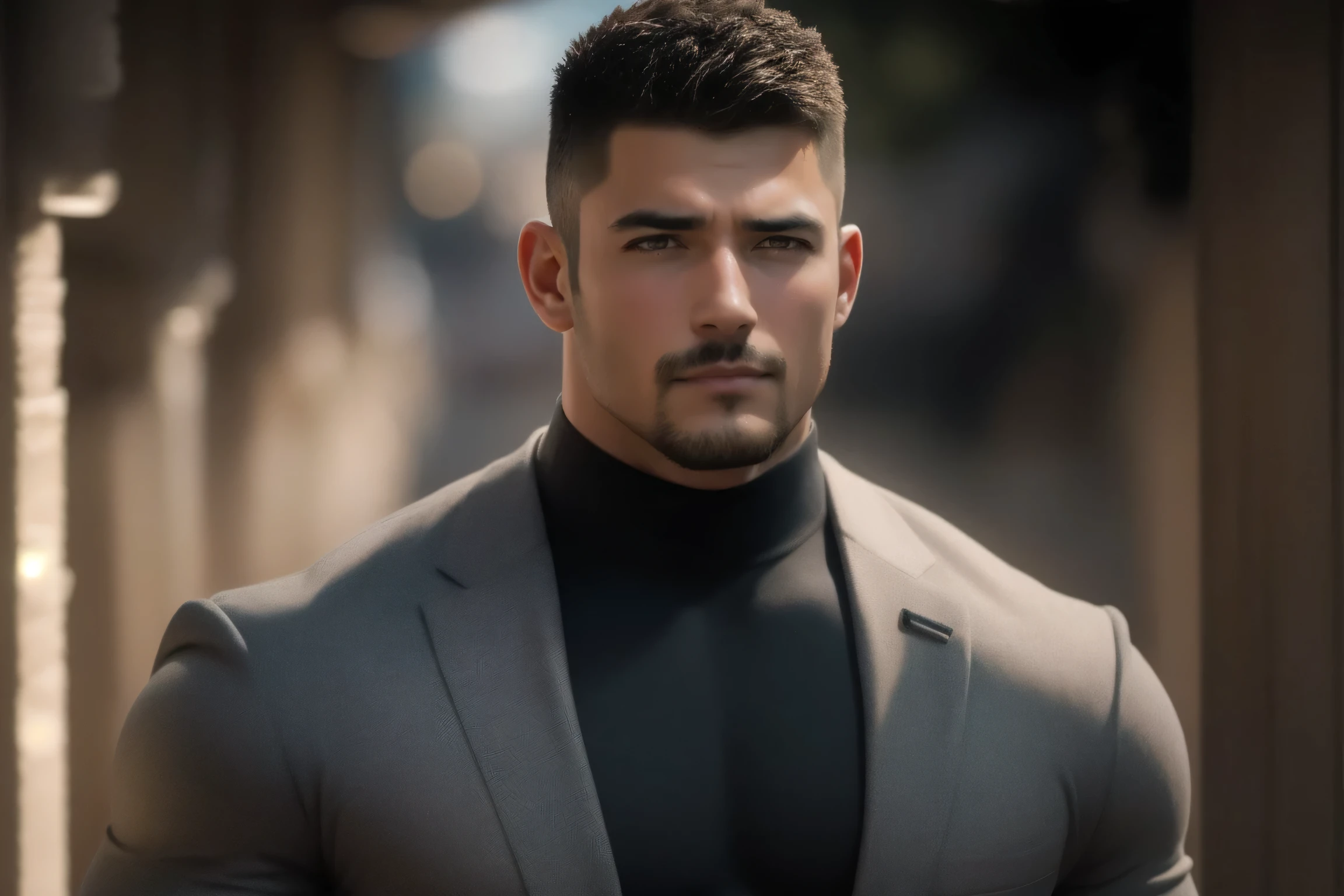 1个 muscular男人在Seaside beach exposed to the hot sun in the open air, VERY STRONG ,exquisite perfect facial features ,Buzz Cut,Buzz Cut,Seaside beach exposed to the hot sun in the open air, 他背靠着脏污的墙壁, He is wearing a high-class luxury business suit jacket in hemp grey, and wears high neck, long sleeve, Tight t-shirt with gray modal fabric texture, He has a sad expression, Slightly head-on, American round inch , thick thighs , Very tight, Regular symmetrical pattern, big goalslight muscles, high end western pants , character concept (Buzz Cut Chris Redfield) proud expression, deep and charming eyes, Heroic male pose , tall Burly, muscular! muscular thighs, Tough Guy, perfect facial features , big goals, Burly, Heqiang, Super exquisite and cool, big goals Resolution Committee, Extraordinary Charm , The sun is strong, Dazzling