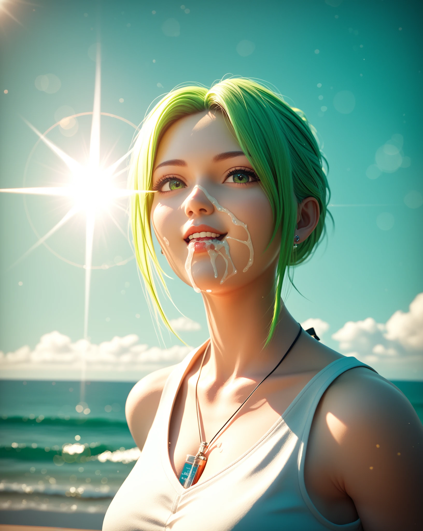 action shot floating on, Establish, Paradise Girl Airlock High Quality, Photographic Realistic, 4K, 8K, Super Detail, is overexpressed, extreme details, professional, Vivid Colors, Beautiful Woman Capturing Bokeh Action Scenes,  facial features , Dynamic Postures and Expressions, Powerful Movement in Spectacular Nature, Sunlight Pouring In, Harmony of Sky and Sea, Mysterious Atmosphere Conceptual Art, digital art, Photography Oil Painting, 3D Rendering A Green World Like Paradise, shining spaceship, Unknown Technology Coexists Brilliant Blue and Green Colors, Strong Light and Shadows