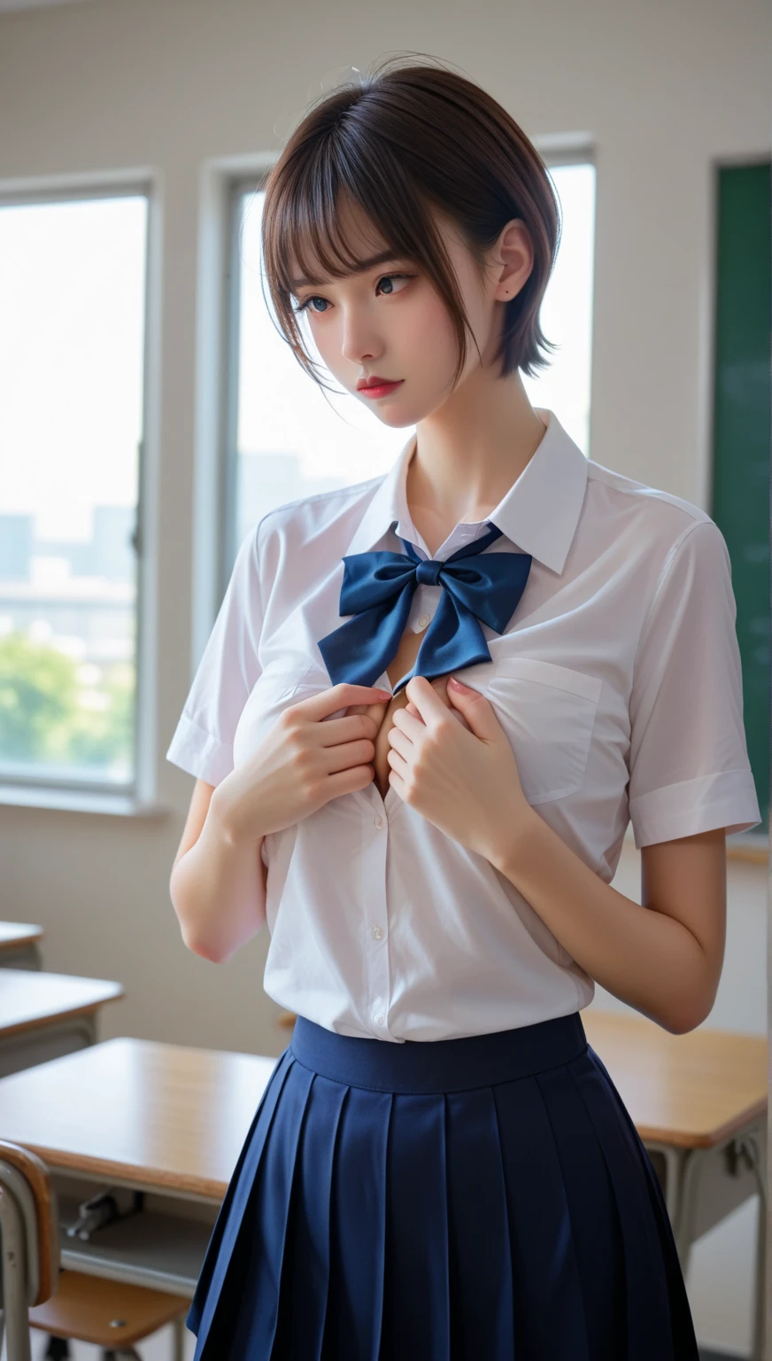 (8K、top-quality、masterpiece:1.2)、(reallistic、Photorealsitic:1.2)、 Phenomenally cute girl、14years、sitting on、(((pantyshot)))、(((Spread your legs apart)))、独奏、Classroom、watching at viewers、(Sit up:1.5)、In the school、Chest that looks like it's going to burst、Fine and beautiful eyes、)、(Dark blonde hair:1)、(short-hair:1.1)、pantyshot, Spread your legs apart, skirt by the, student clothes, Pantiles, sockes, A dark-haired, The shirt, bblurry, blurry backround, knee high, white shirt, lowfers, life-like, length hair, s lips, Brown-eyed, Black socks, neck tie, pleatedskirt, the bow, head rest, looking to side, plein air, Brown Footwear, masterpiece, top-quality, ultra-detailliert、(((pantyshot)))、(((Spread your legs apart)))、Inviting eyes、