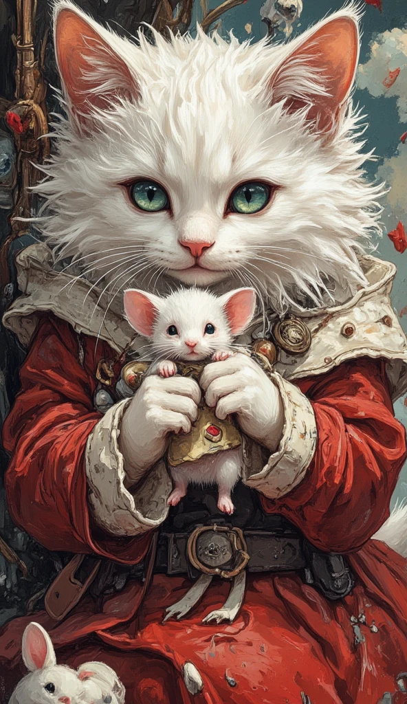an cute white female himalayan cat, pretty white female himalayan cat, smilling cat face ,dressed in dark red  , holding a little cute mouse,  In fantasy art style, masterpiece,  best quality , Super Detail, an epic, 4K, cinematic light, ultra-detailed,  8k resolution ,(high quality, 8k, 4K, high contrast, masterpiece: 1.2, 最high quality, best aesthetic),quality:(highest quality, 4K, High resolution, masterpiece:1.2), Super detailed, ( fantasy art ,oil:1.5), High quality artwork, delicate brushstrokes