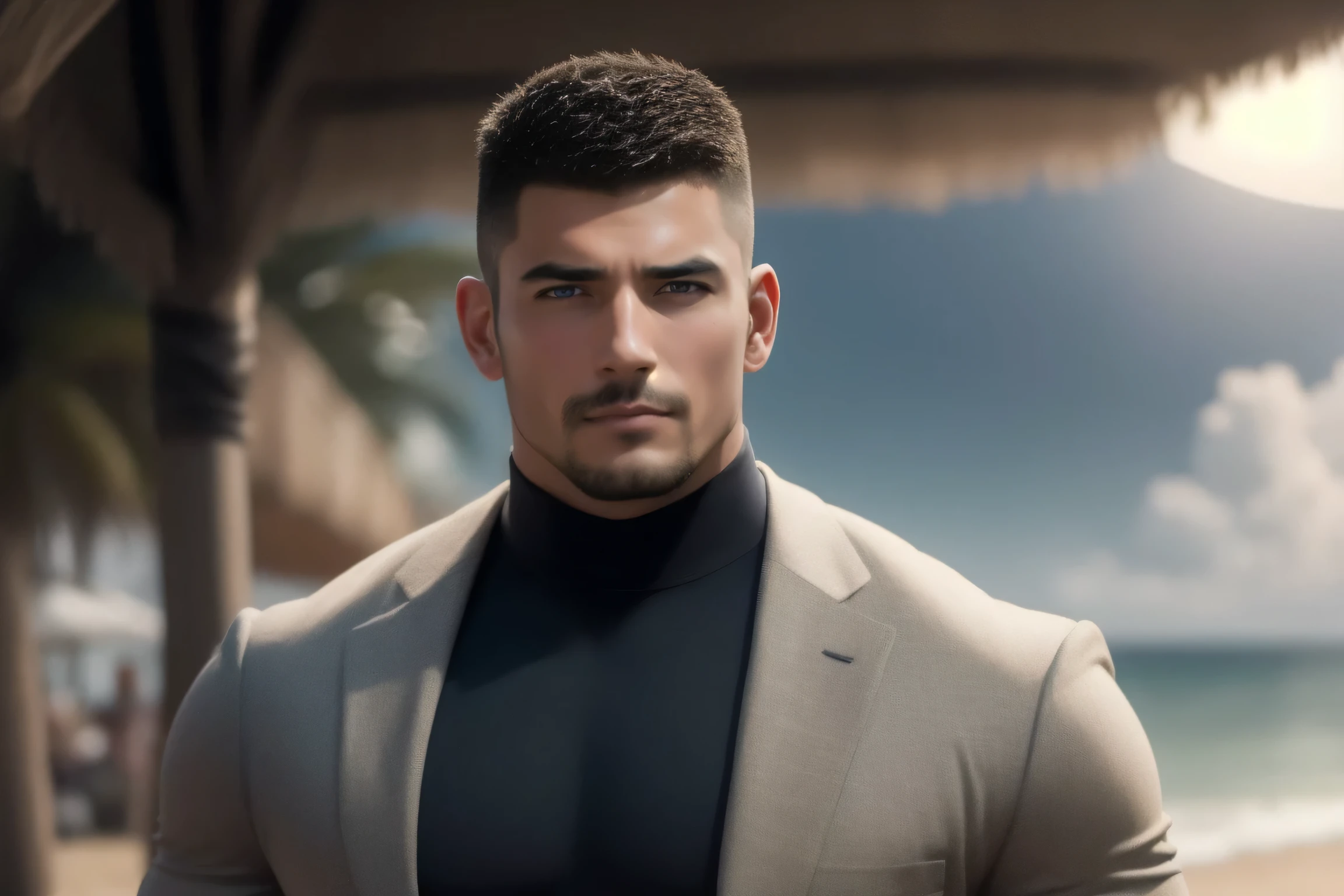 1个 muscular男人在Seaside beach exposed to the hot sun in the open air, VERY STRONG ,exquisite perfect facial features ,Buzz Cut,Buzz Cut,Seaside beach exposed to the hot sun in the open air, 他背靠着脏污的墙壁, He is wearing a high-class luxury business suit jacket, and wears high neck, long sleeve, Tight t-shirt with gray modal fabric texture, He has a sad expression, Slightly head-on, American round inch , thick thighs , Very tight, Regular symmetrical pattern, big goalslight muscles, high end western pants , character concept (Buzz Cut Chris Redfield) proud expression, deep and charming eyes, Heroic male pose , tall Burly, muscular! muscular thighs, Tough Guy, perfect facial features , big goals, Burly, Heqiang, Super exquisite and cool, big goals Resolution Committee, Extraordinary Charm , The sun is strong, Dazzling