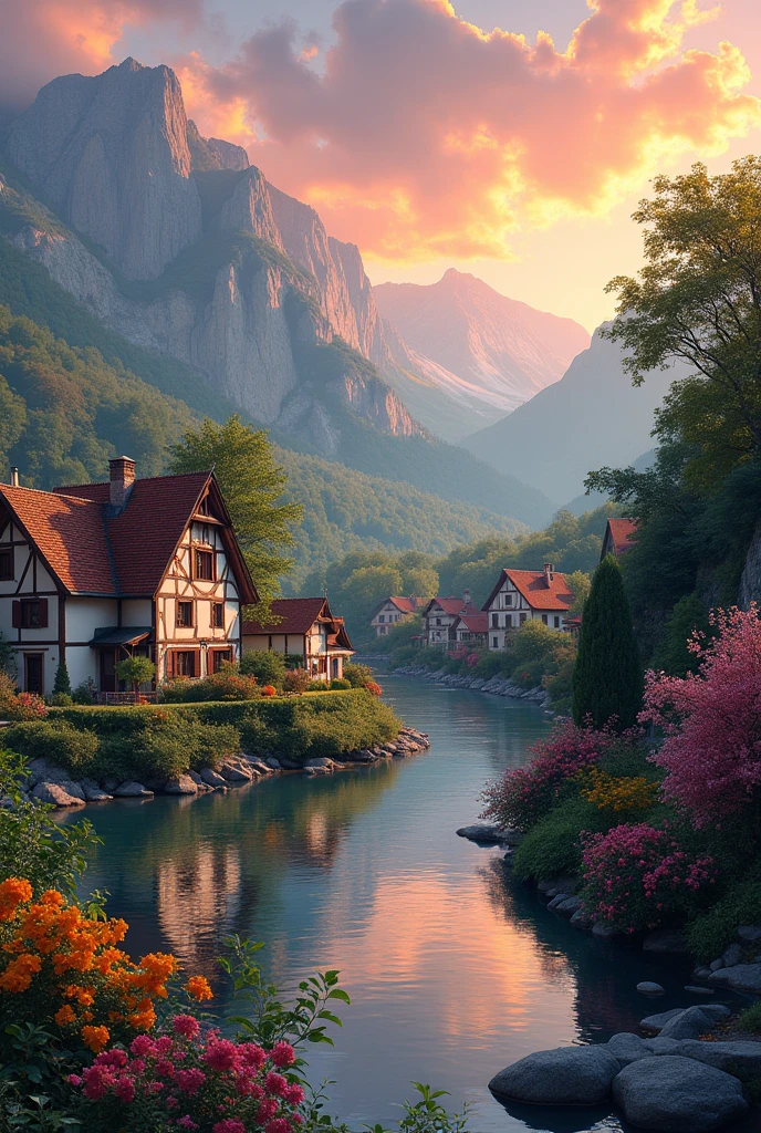 a small village by the river, mountains in the background, floral flowers colorful, detailed landscape, Beautiful natural landscapes, atmospheric lighting, scorching sunset, warm colours, practical, photopractical, Detailed Foliage, complex buildings, cobblestone street, Charming country house, swirly vibrant colors, lush vegetation, Still water reflections, Picturesque, idyllic, work of art, best qualityer, 8k, extremely detaild,anime styling