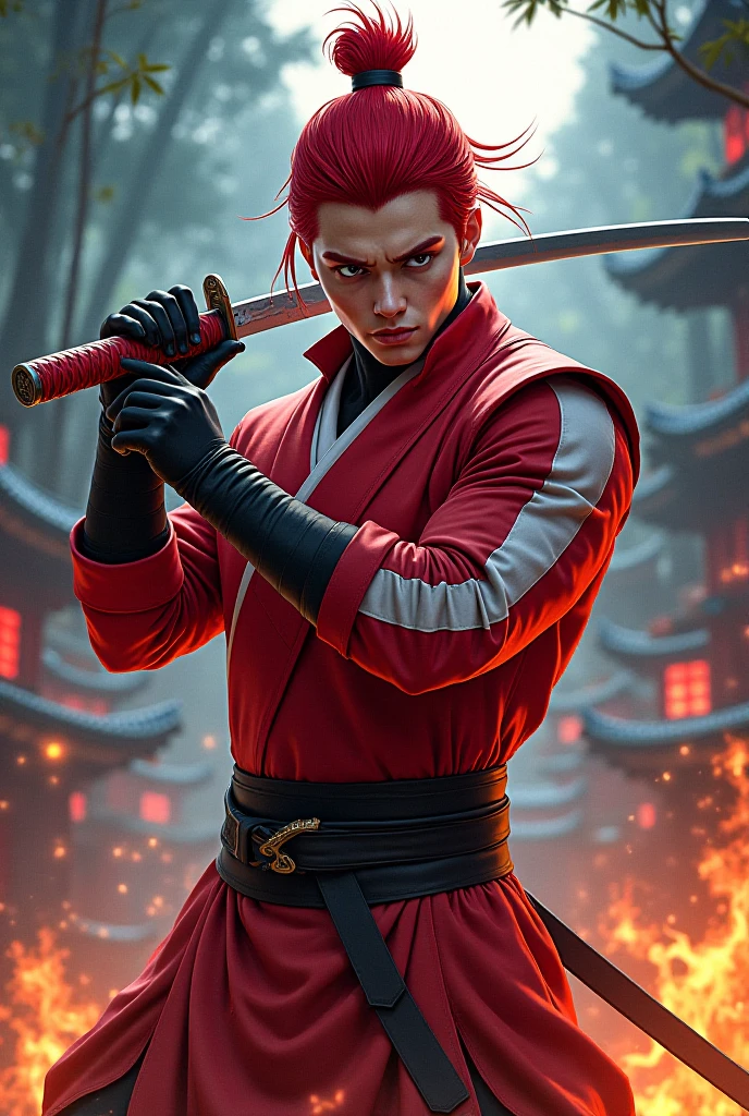Create a male ninja in a red and white suit, RED HAIR WITH PONYTAIL,  brown eyes , katana style environment with flames sticking out , in a Japanese-style environment,  the weather is nighttime  