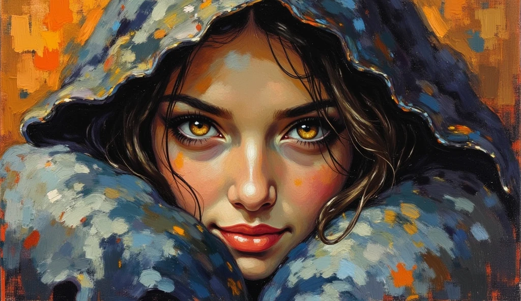 expressived impasto oil painting. warms colors, full figure of a beautiful young woman in a  blanket laying on  bed, Impressionisticpainting, A close-up portrait of an eyes of  mysterious woman with expressive golden-brown eyes, partially covered by a dark, textured blanket laying on pillow. The blanket wraps around her head and lower face from nose to neck, revealing only her eyes and part of her glowing eyes. Her eyes are striking, detailed, and reflective, framed by long lashes and delicately arched eyebrows. The background is a painterly mix of warm and cool brushstrokes in shades of orange, brown, and blue, giving the image a rich, oil painting texture. Cinematic lighting, deep shadows, and dramatic color contrast emphasize the depth and emotion in her gaze.,  Heavy chiaroscuro. Golden light reflecting,  Vibrant colour palette with earthy tones. Thick brushstrokes. Masterpiece. High detail. Realistic. Atmospheric, Impressionism, Depth Of Field, Long Hair,  glaring eyes, sweet smile,
