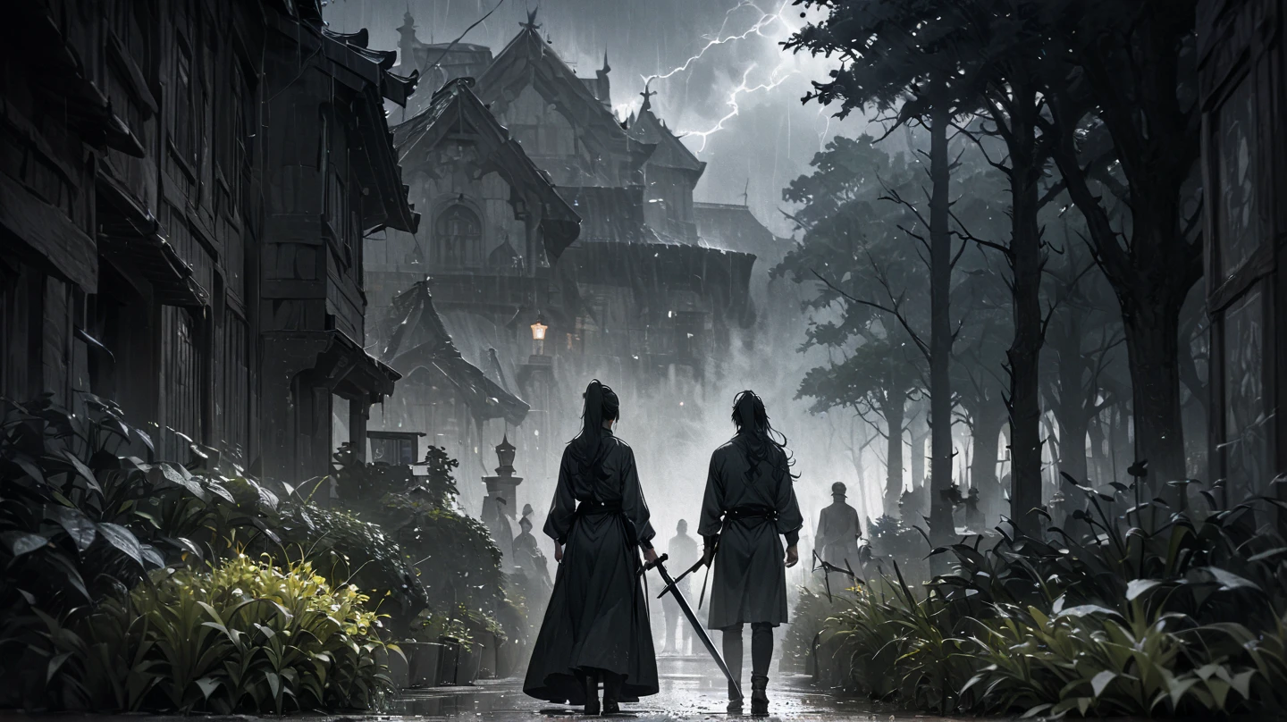 (Best quality,A high resolution,The image is clear，Garden scene，:1.2),a boy holding a sword，Long hair and high ponytail，Stormy weather，overcast day，thin fog，