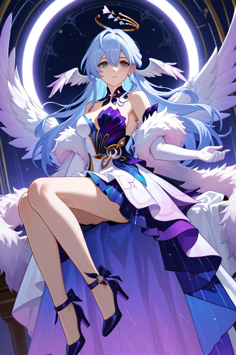 (masterpiece,best quality,ultra-detailed), an anime girl who is, calm angel. She has lavender long hair with straight bangs and high ponytails, periwinkle eyes, eurasian eagle-owl ears and wings, wearing magic girl regalia and ankle straps, barefoot, standing in a calm pose, looking at viewer