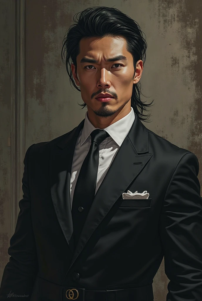 Manhwa(Korean manga) A white mafia man with an Asian complexion, features a long muscle, black hair, black eyes, and wears formal clothes 

