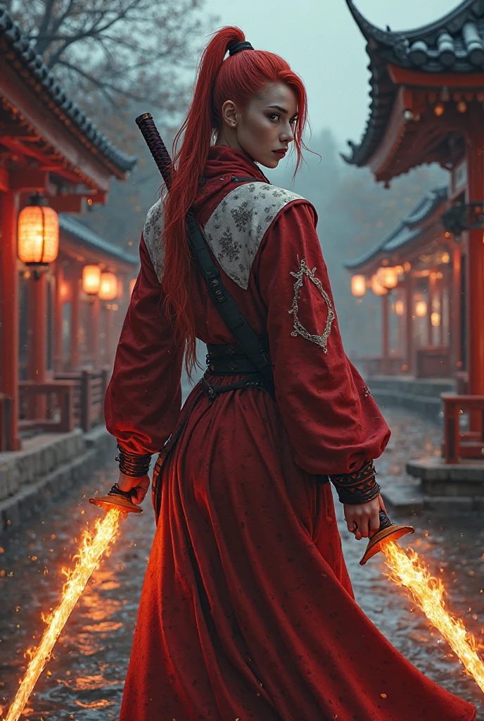 Create a Yakuza style ninja man in a red and white suit, RED HAIR WITH PONYTAIL,  brown eyes , Katanas that stick out flames , in a Japanese-style environment,  the weather is nighttime  