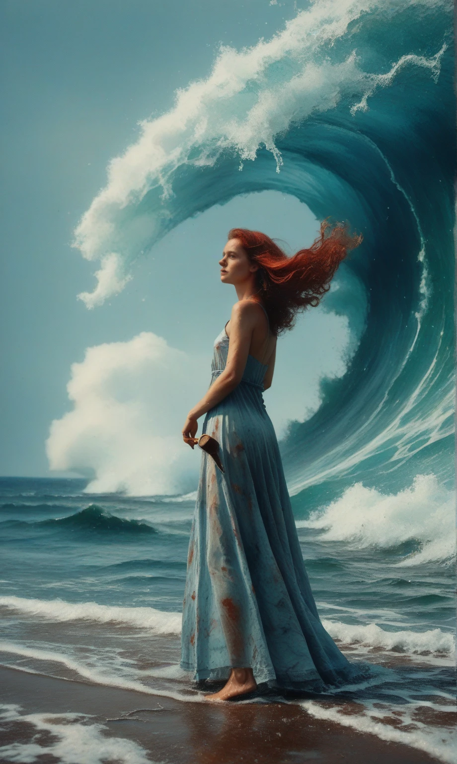 ultra realistic full body photo of a lookalike of Jessica Biel, a red-haired American woman, in wide open ice-blue transparent bathrobe, which flies open with the heavy wind, allowing everyone to see her beautiful muscular body. She is walking in the water on the beach, wild hair, full body, enlightenment, 4k resolution, intricately detailed, cinematic, full body, detailed symmetric eyes, intricate details, beautiful detailed intricate face, Carne Griffiths and Wadim Kashin concept art, ominous, approaching perfection, highly detailed, smooth, treding os artstation, sharp focus, digital art, perfect composition, Yabadaba, hyperdetailed painting, ISO 200, 100mm, DLSR, dynamic, light studio, vibrant, art by Alyssa Monks