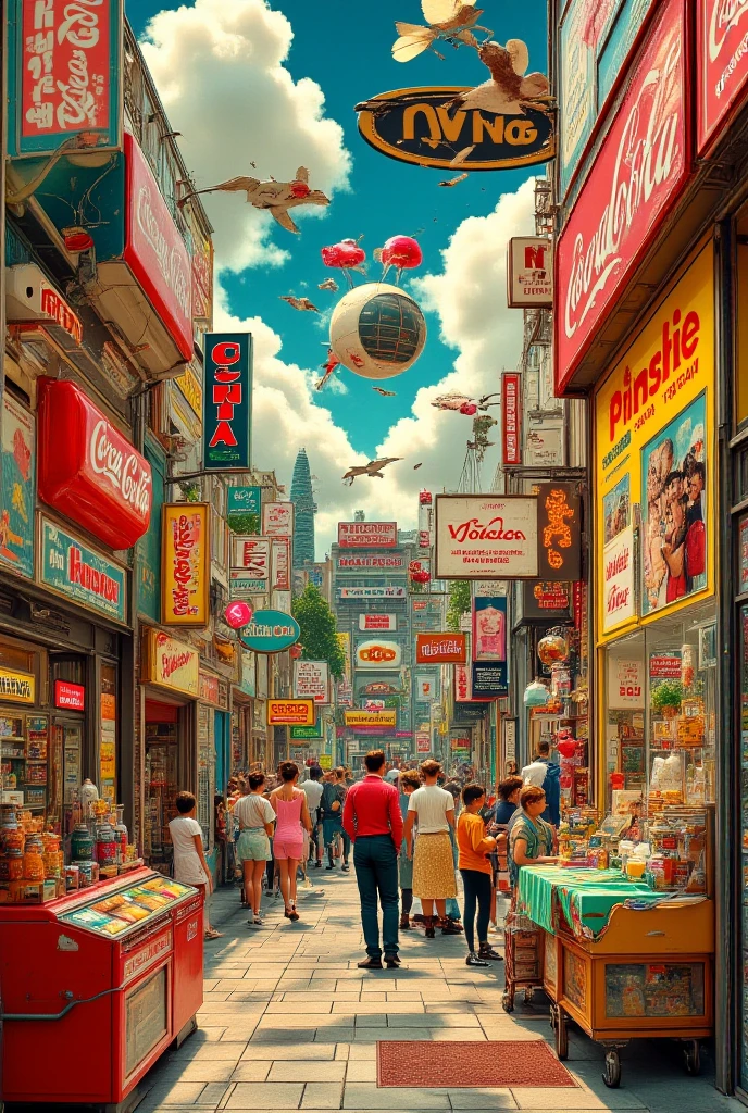 A highly detailed 8K HDR image of an abstract, surreal retro collage from the 1950s and 1960s, featuring vintage magazine covers, advertisements, and iconic product branding that evoke nostalgia but without using specific brand names like Coca-Cola. The collage should have a deeply interconnected, flowing design where the elements blend into each other visually—such as magazine covers becoming part of product advertisements, or a vintage logo merging into a surreal object. Neon colors, vintage textures, and geometric shapes should interact, creating a dreamlike, chaotic world. The scene should feel like a visual narrative, with each section of the collage naturally transitioning into the next, as if the entire composition is telling a story. The collage should capture a retro-futuristic aesthetic with abstract and surreal twists, where the imagery is intertwined and cohesive, yet unexpected in its surrealism.