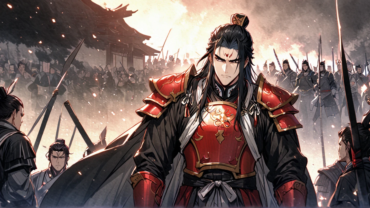 Features: City walls, mottled, dilapidated, bloodstained, watchtowers, war ruins, ancient frontier walls. Country/Dynasty: Tang Dynasty. Characters: Zhao Zilong, Zhao Yun, sharp eyes, bloodstained, handsome, long black hair. Items: Armor, Lone Flag, spear, halberd. Status/Action: Lonely, Face, Arrow Rain, Mountain of Corpses Behind Blood, Scraping, Blasting Sand. Image: 4k, brightly colored, master work