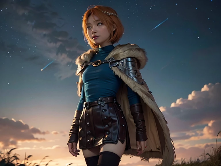 hilda, yellow cape, short hair, orange hair, slim body, small bust, mini fold, pretty legs, black stockings, in front, walking, looking at the sky, night sky,  Milky Way 