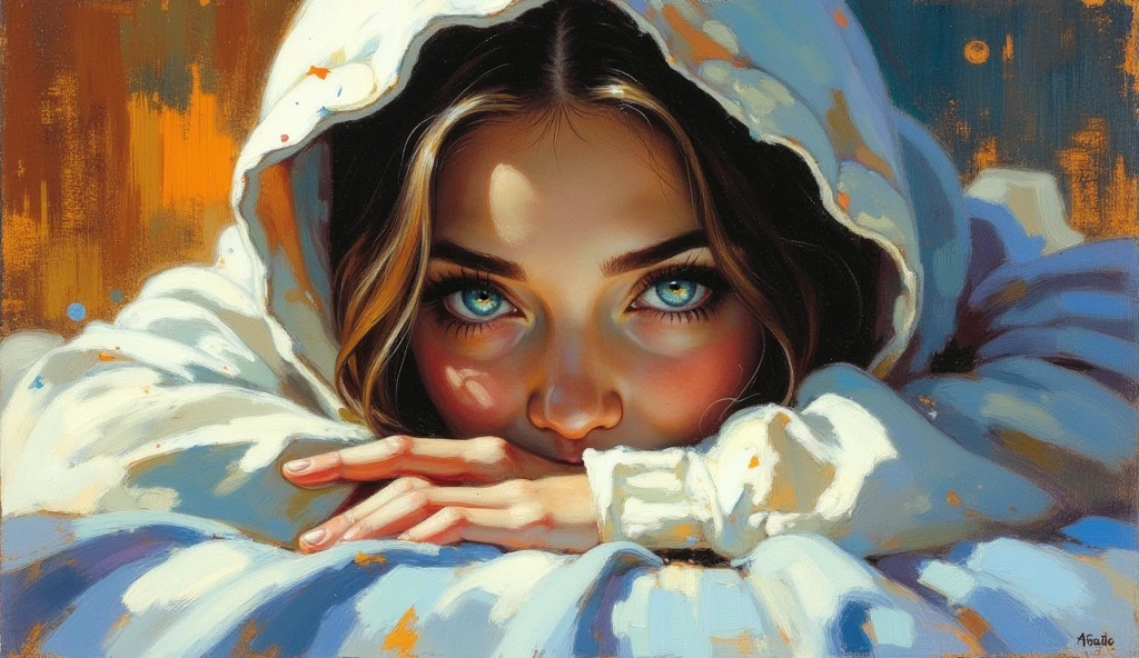 expressived impasto oil painting. warms colors, full figure of a beautiful young woman in a  white blanket laying on  bed, Impressionisticpainting, A close-up portrait of an eyes of  mysterious woman with expressive glowing blue eyes, partially covered by a white blanket laying on bed. The blanket wraps around her head and lower face from nose to neck, revealing only her eyes and part of her glowing eyes. Her eyes are striking, detailed, and reflective, framed by long lashes and delicately arched eyebrows. The background is a painterly mix of warm and cool brushstrokes in shades of orange, brown, and blue, giving the image a rich, oil painting texture. Cinematic lighting, deep shadows, and dramatic color contrast emphasize the depth and emotion in her gaze.,  Heavy chiaroscuro. Golden light reflecting,  Vibrant colour palette with earthy tones. Thick brushstrokes. Masterpiece. High detail. Realistic. Atmospheric, Impressionism, Depth Of Field, Long Hair,  glaring eyes, sweet smile,