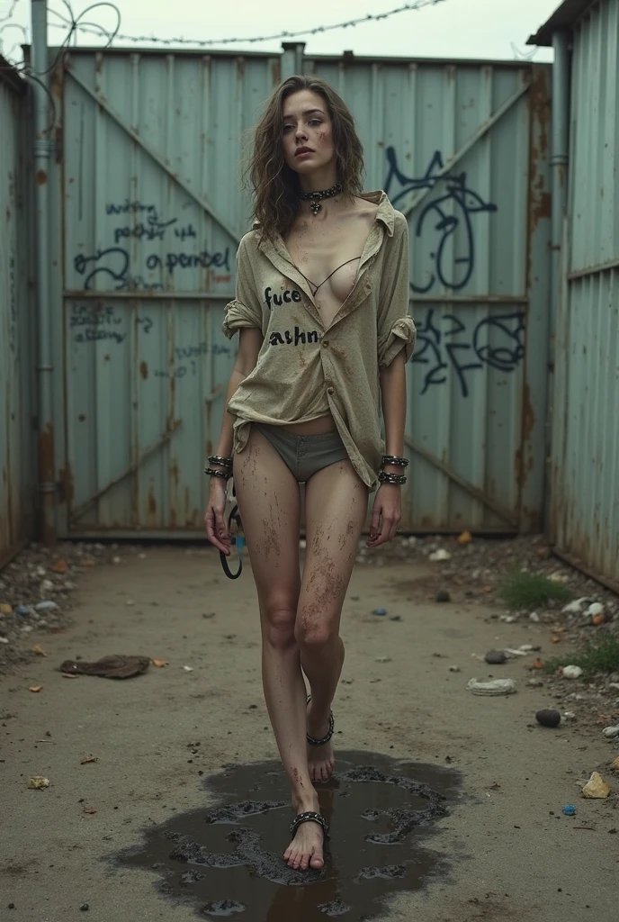 (((Amy coney Barrett:1.5))), (((50yo:1.3))) mature female, ((tight hair bun:1.1)), small perfect breasts, flat chested, slim figure, skinny, runner's body, narrow hips, thin lips, narrow lips, with a terrified expression, totally nude, (exposed breasts), vagina, artful nudity, (highdetailskin:1.2), 8K UHD, Digital SLR, Soft lighting, High quality, Fujifilm XT3, perfect figure beautiful woman:1.4, Slim abs:1.1, RAW photo. Full body view, with the word "$20 suck $50 fuck" written on her chest, on the street in a ghetto neighborhood at night, trash and garbage everywhere, standing obediently, spreading her legs, lying down, on her knees, bending over, (dancing), action, motion, teasing, confident. Various poses, various points of view.