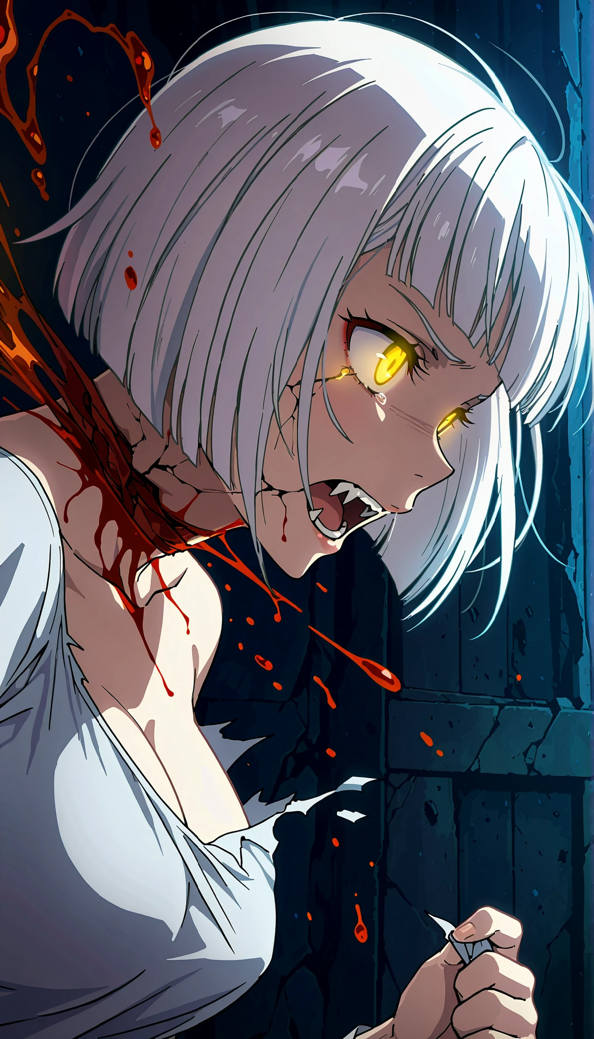 (upper-body, half body), (close-up: 1.4), ((ultra detailed, cinematic, hyper detailed, hyper resolution, official art, 40k wallpaper, mind-blowing art)), 1woman, solo, undead woman, beautiful, seductive, terror, flesh, (beautiful, medium breasts), parted breasts, destruction, discarded skin, cracked skin, (((bordo dress)), seductive body, blood, 1view, side view, broken dress, torn clothes, dilapidated dress, white hair, square hair, tear dress, hand tear own clothes, open mouth, sharp fangs, furious scream, glowing eyes, yellow eyes, slit throat, blood from a split throat,