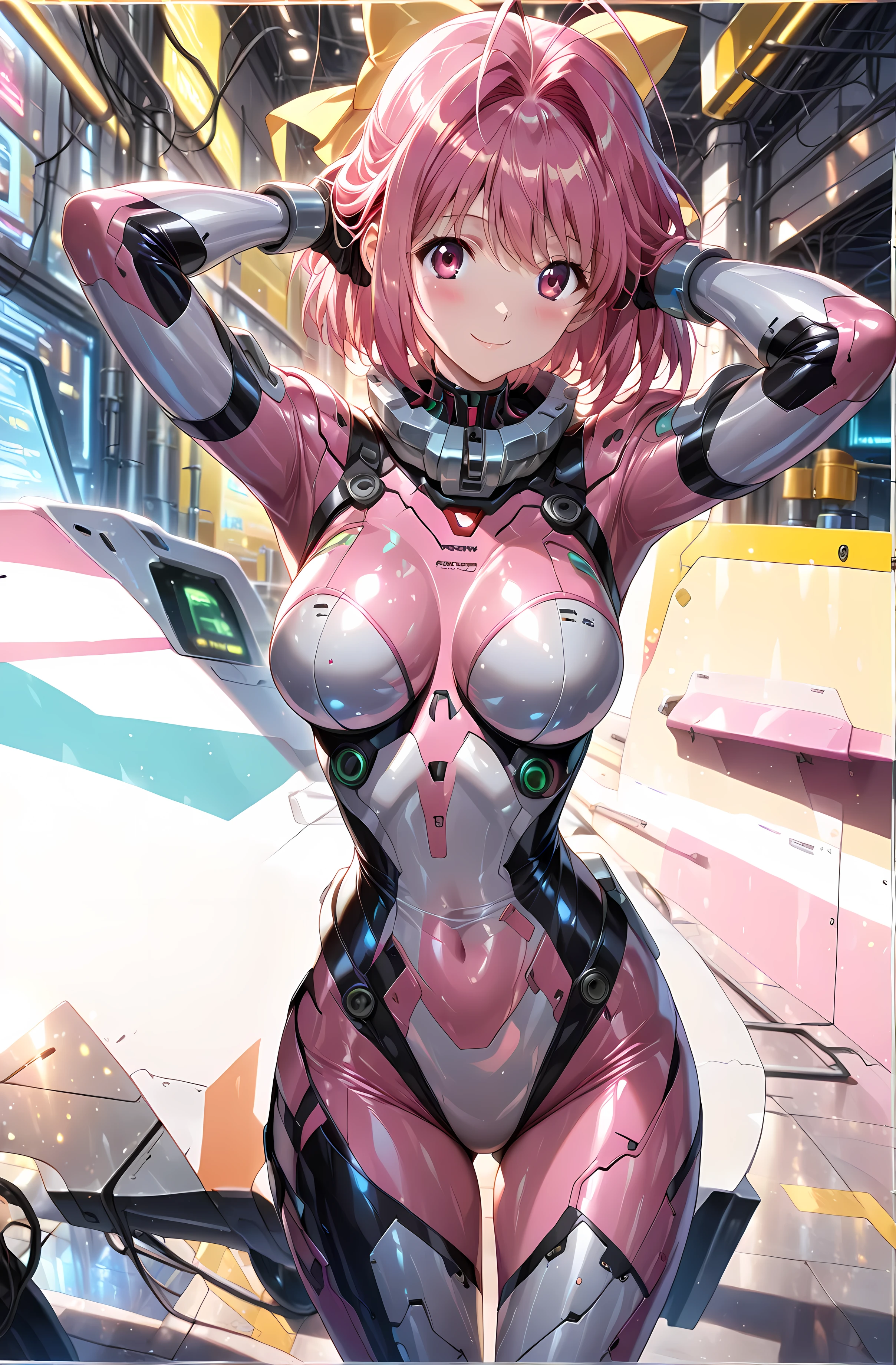 (highest quality:1.2, 4K , 8k , Studio Anime , Very detailed , up to date , Vibrant , High detail , High Contrast , masterpiece:1.2, highest quality , Best aesthetics) , (((1 girl))) , nakagawa_kanon ,kanon nakagawa, (solo), short hair, pink hair, yellow hair bow, pink eyes, antenna hair, Stand and pose , Maid , Maid clothes , Cyber Suit:1.2 , cyberpunk Maid clothes:1.4 , Bodysuits , Mecha Dress Suit , Blushing:1.2 , smile , Dynamic Angle , Dutch Angle:1.3 , Friendly atmosphere , Put your hands up , Fun and young々Shii々Cool vibe , Precision and focus , Striking contrast