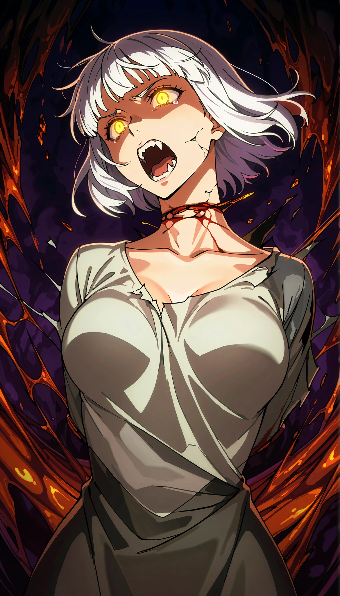 (upper-body, half body), (close-up: 1.4), ((ultra detailed, cinematic, hyper detailed, hyper resolution, official art, 40k wallpaper, mind-blowing art)), 1woman, solo, undead woman, beautiful, seductive, terror, flesh, (beautiful, medium breasts), parted breasts, destruction, discarded skin, cracked skin, (((bordo dress)), seductive body, blood, 1view, side view, broken dress, torn clothes, dilapidated dress, white hair, square hair, tear dress, hand tear own clothes, open mouth, sharp fangs, furious scream, glowing eyes, yellow eyes, slit throat, blood from a split throat,
