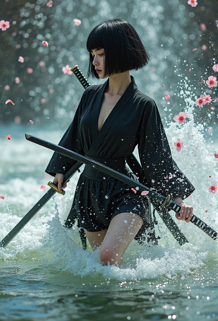 Holding a Japanese Sword、 splash リング、 black hair、blunt bangs、bob cut、black kimono dress、、Japanese sword on back、with Japanese Swords、 splash 、Above Water Movie Scene、、 Imprint Image、8k、Sakura Fubuki、 splash 、On the water、