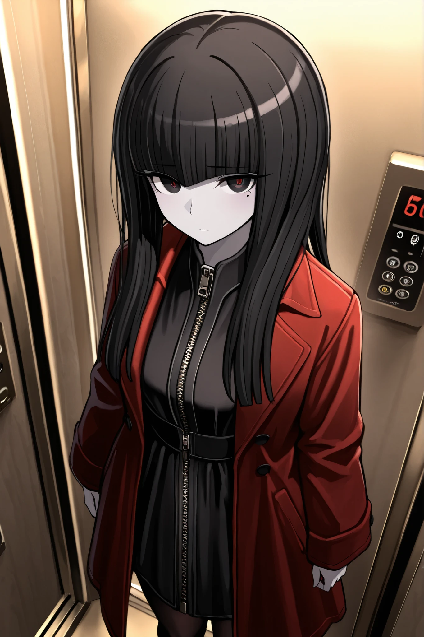 masterpiece, best quality, newest, rryo, 1girl,black eyes, red pupils, mole under eye, hime cut, long hair, black hair, pale skin, blunt bangs, red coat,zipper, buttons, black dress, pantyhose, indoors, elevator, clock on the wall, warm light, looking at viewer