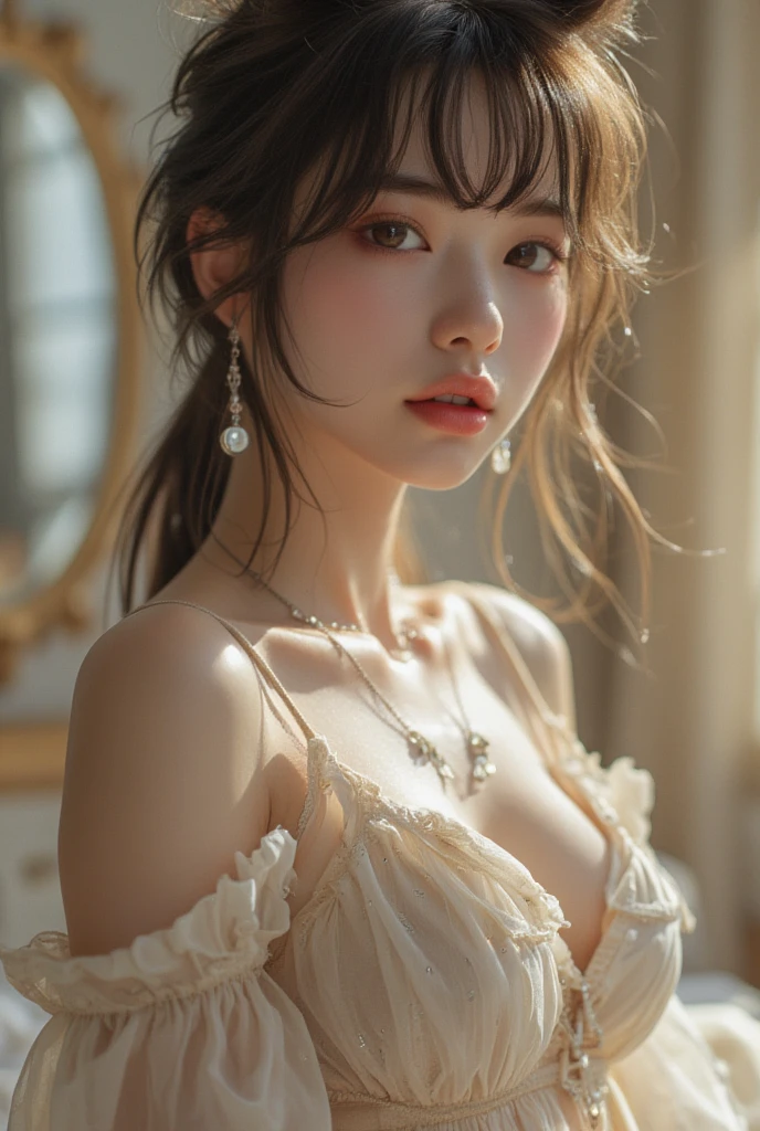 Random posture, (An extremely delicate and beautiful work), (masterpiece), 1girl, a girl in short dress,wear round glasses, highly detailed, waist leaking, ponytail contorted, charming expression, beautiful and clear eyes, green eye pupil, delicate necklace, delicate earrings, fairy ears, simple blurred background, extreme detail description, beautiful, charming, ultra-fine painting, delicate face, delicate figure, Fine collarbones, lovely lips, beautiful breasts, soft behind, mix4,(8k, RAW photo, best quality, masterpiece:1.2), (realistic, photo-realistic:1.37),1girl,cute,garden, night, rain, wet, professional lighting, photon mapping, radiosity, physically-based rendering,