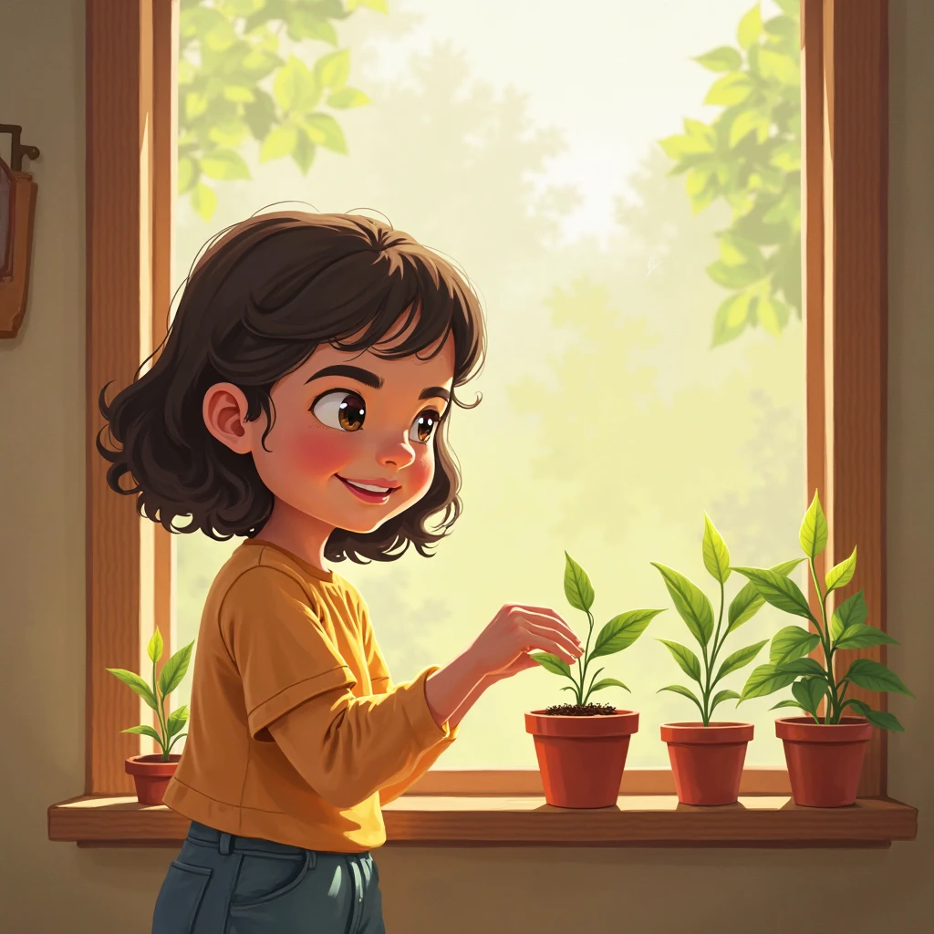 A town young big girl with specs and tied hair in a ponytail wearing tshirt and mini skirt. She place the jar on her windowsill where it would get plenty of sunlight.