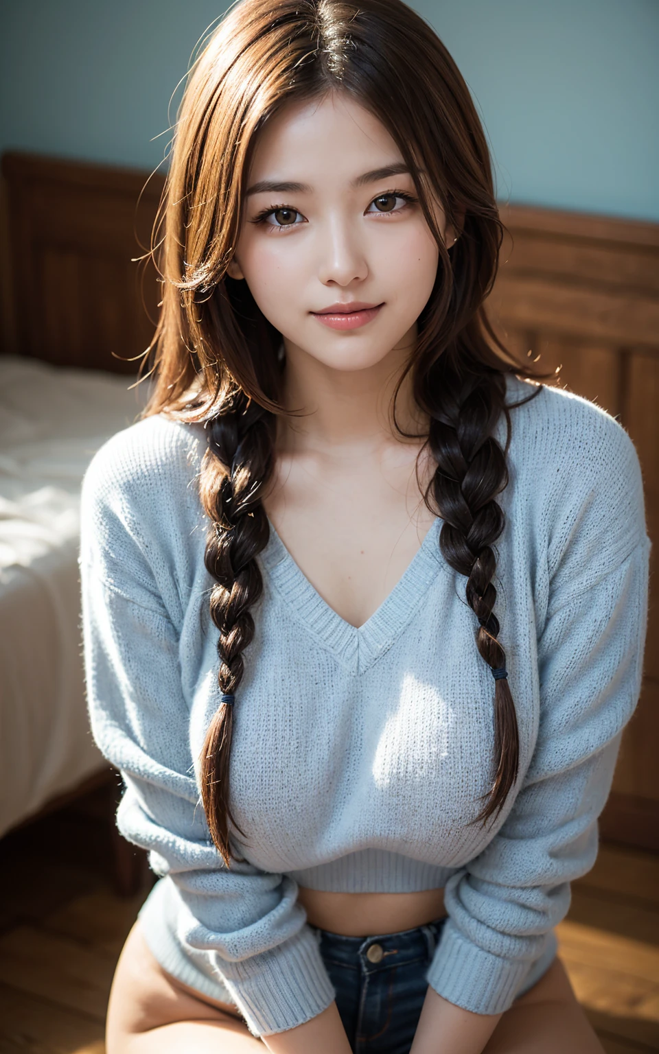 Masterpiece, Best Quality, Very Detailed, 8k, Photorealistic, soft focus, beautiful detailed eyes, detailed face, double eyelid, 1girl, solo, beautiful skin, real human skin, close-up to Face shot, Half-body, beautiful firm breasts,mature body, 18 years old girl, beautiful girl, Japanese idol, (french braid:1.3), brown hair, BREAK, (She is wearing a white high-neck sweater and a v-neck tweed jumper skirt:1.3), BREAK,(shiny mesh stockings), Gentle smile,in a Japanese garden,NSFW, sitting on the veranda of a Japanese garden,Drinking matcha on the porch