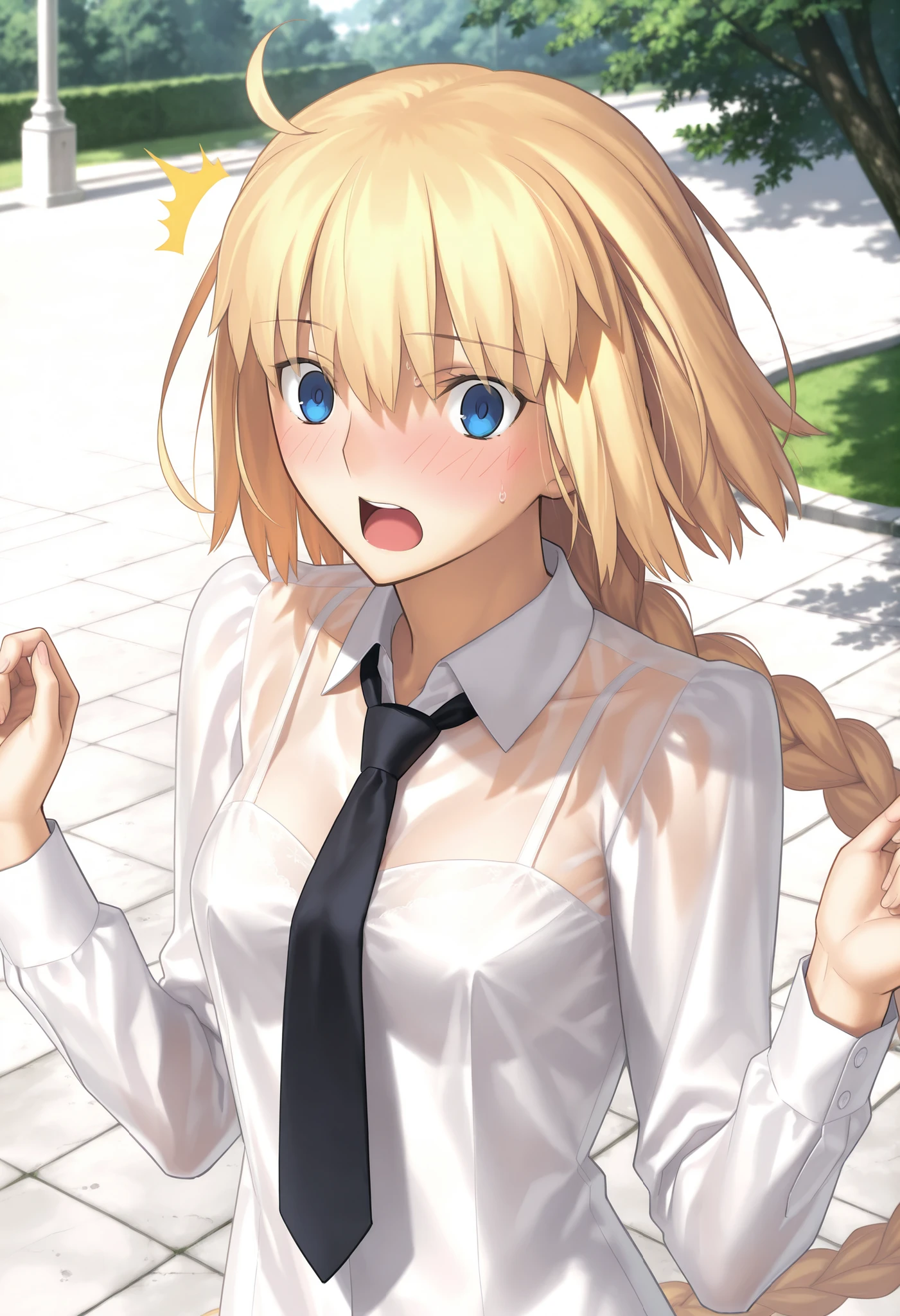 masterpiece, , absurdres, highres, detailed background, high resolution, masterpiece, necessary, detail, best quality, quality, necessary, details, High details, Precise, outdoors, (dappled sunlight), day, lens flare, blurry background, ((from above)), upper body, , solo, ,                                            
                                                                                                                                                                                                                         1girl, , Takeuchi Takashi (type-moon,tsukihime) style, takeuchi takashi style, (w arms), ((flustered, confused, surprised)), Yelling out, , 
   
tall girl, mature, jeanne d arc, \(fgo\), blue eyes, , jeanne d arc, blonde hair, medium hair, ( floating hair ), (open white dress shirt), black necktie,  ,big braid, single braid, small breasts, underwear, looking at viewer, pale bra ,light see-through, concrete,  , ,                                                                                                                                                                                                                                                                                                                                                                                                                                                                                                                                                                                     