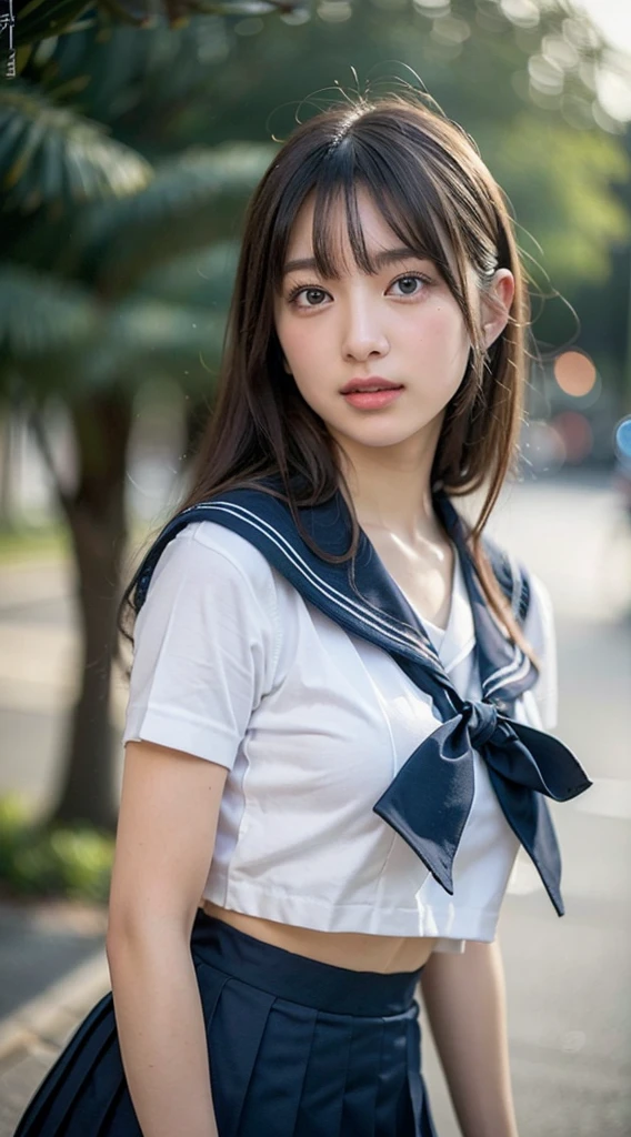 8K raw photo, Best quality, masterpiece, ultra high res, 3d, realistic, 1girl, asian, serious face, black_hair, black_sailor_collar, long_hair, nose, school_uniform, neckerchief, natural skin texture, light brown_eye, detailed eyes and face, lips, lipstick, beautiful legs, enormous breasts, beautiful seaside location, (detailed background), plaid skirt, white shirt, enormous breast, blurry background, short sleeves