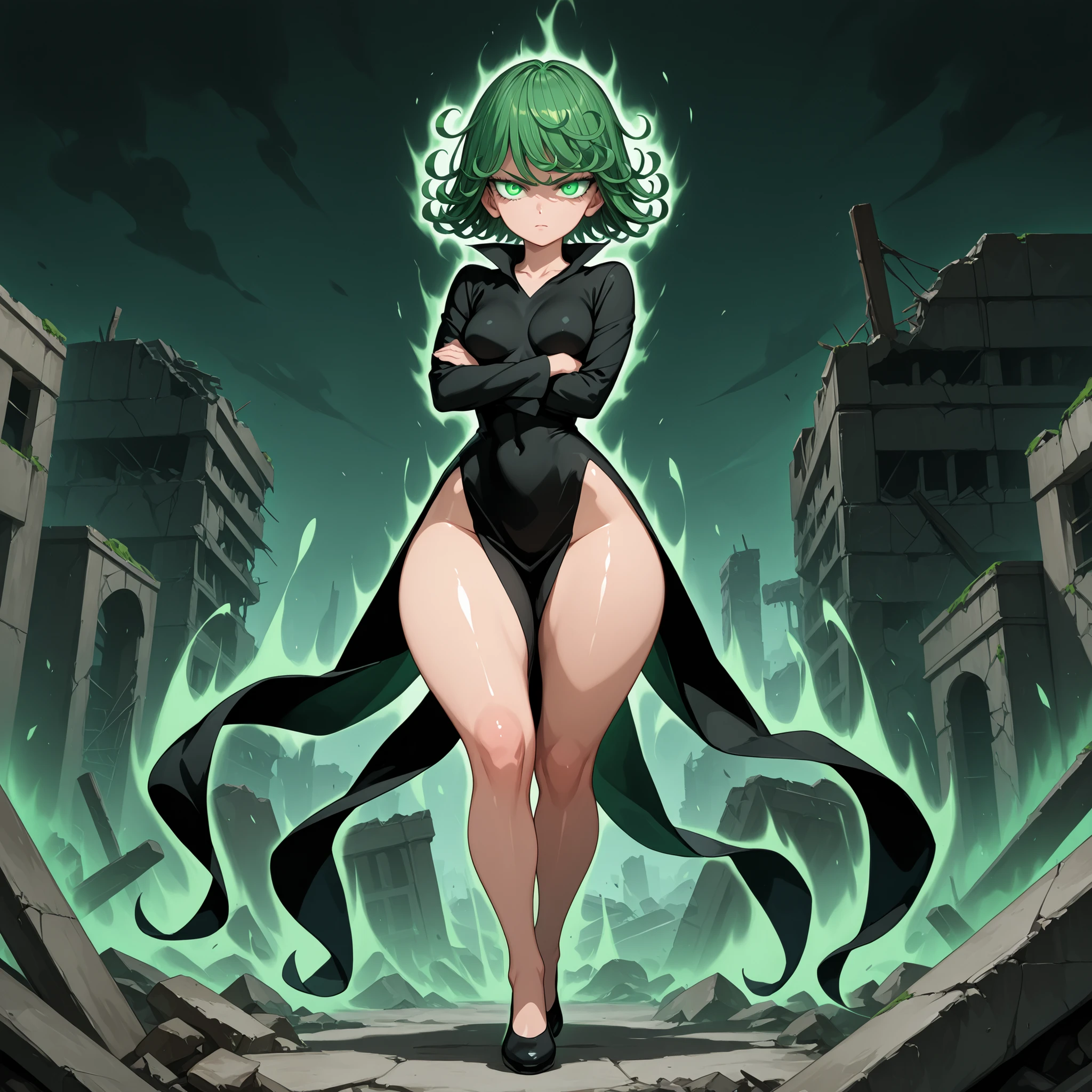 1girl, solo, zzTatsumaki, green eyes, green hair, medium breasts, narrow waist, wide hips, thick thighs, black dress, serious, glowing eyes, aura, crossed arms, full body, levitating, looking at viewer, ruins background, from the front view, high res, shiny skin