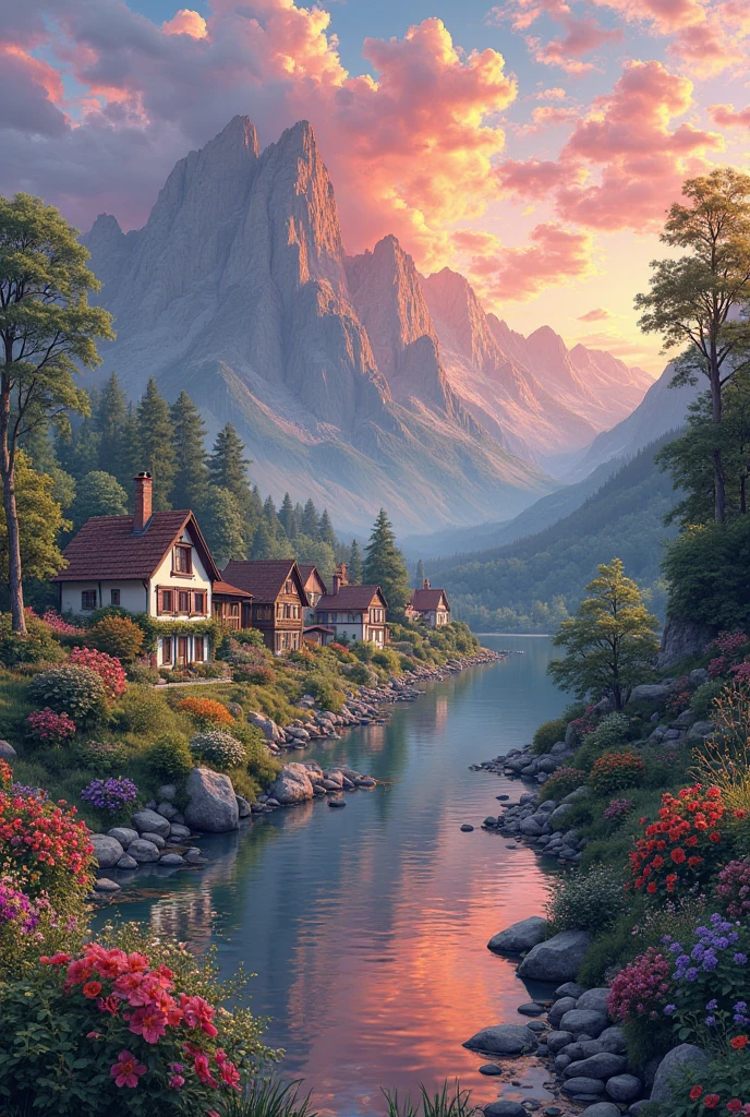 A small village by the river, color of the mountain in the background, colorful flower flowers, detailed landscape, beautiful natural scenery, atmospheric lighting, scorching sunset, warm colors, Practical, фотоPractical, detailed foliage, complex buildings, paved street, charming country house, swirl bright colors, lush vegetation, reflections on water, picturesque, idyllic, artwork, the best quality, 8k, very detailed,  anime stylization 
