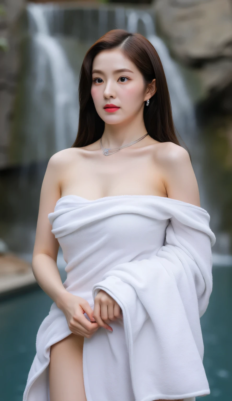 Beautiful Girl, Korean makeup, Red lips, big breasts, medium body, wrap a towel, body towel wrap, white towel, thigh, Look at the viewer, stand, pose standing, lakes, stood giữa high, (((cảnh quang hồ nước giữa rừng, waterfall,)))