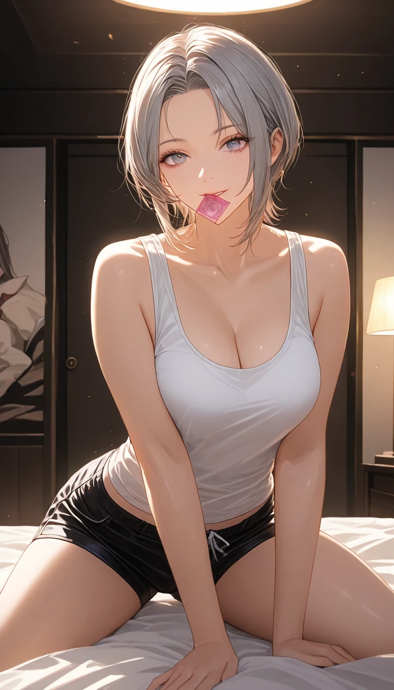 mature woman, mature face, (hot face), nasty expression, raven hairstyle, (white hair color, black gradient hair color), (sharp eyes), black pupils, glossy lips, tongue out, voluptuous body, big breasts, big ass, hands on floor, tank top, midriff tank top, hot pants, bedroom, kneeling on floor, above view