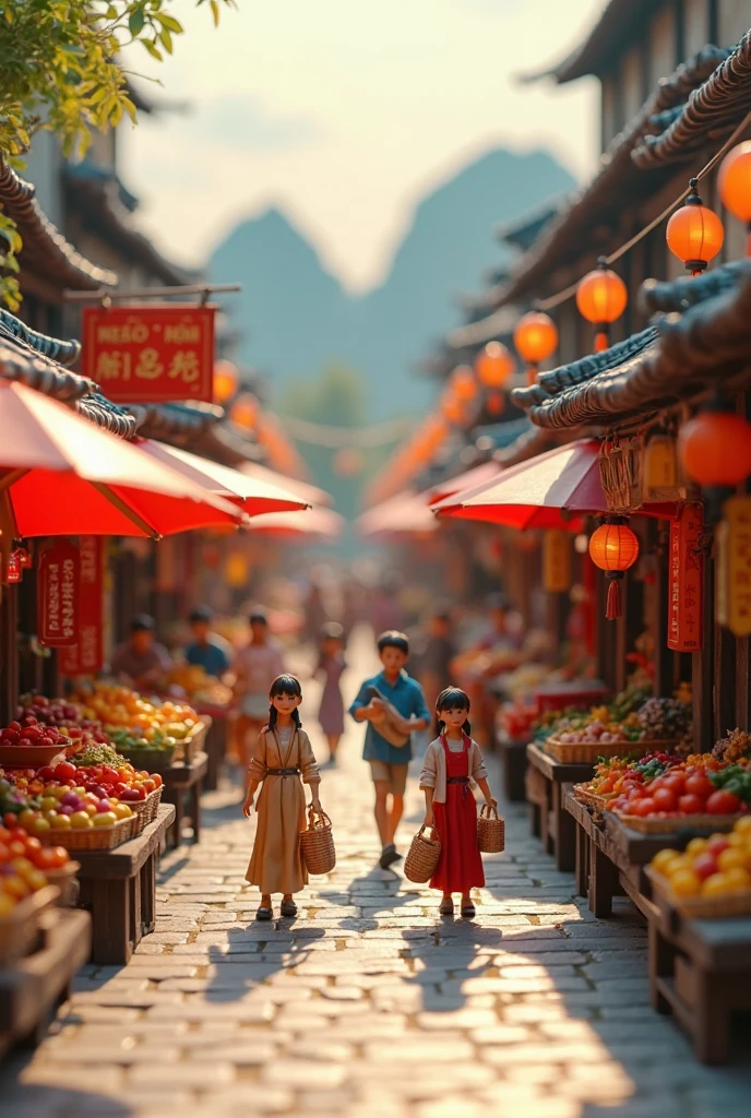 A charming dollhouse-style miniature diorama depicting Dong Kinh Market in Lang Son City, Vietnam. Tiny, colorful street stalls line both sides of a narrow alley, selling textiles, fruits like plums and peaches, kitchenware, and cross-border goods. Miniature people in traditional and modern clothes are bargaining and carrying baskets. Some stalls have bright red parasols, while others display lanterns and cloth banners in Vietnamese. The ground is cobblestone, and signage is hand-drawn in both Vietnamese and Chinese. A background of distant karst mountains and soft pastel sky completes the scene. Warm lighting, handcrafted textures in wood and fabric, tilt-shift focus for a dreamy miniature look.