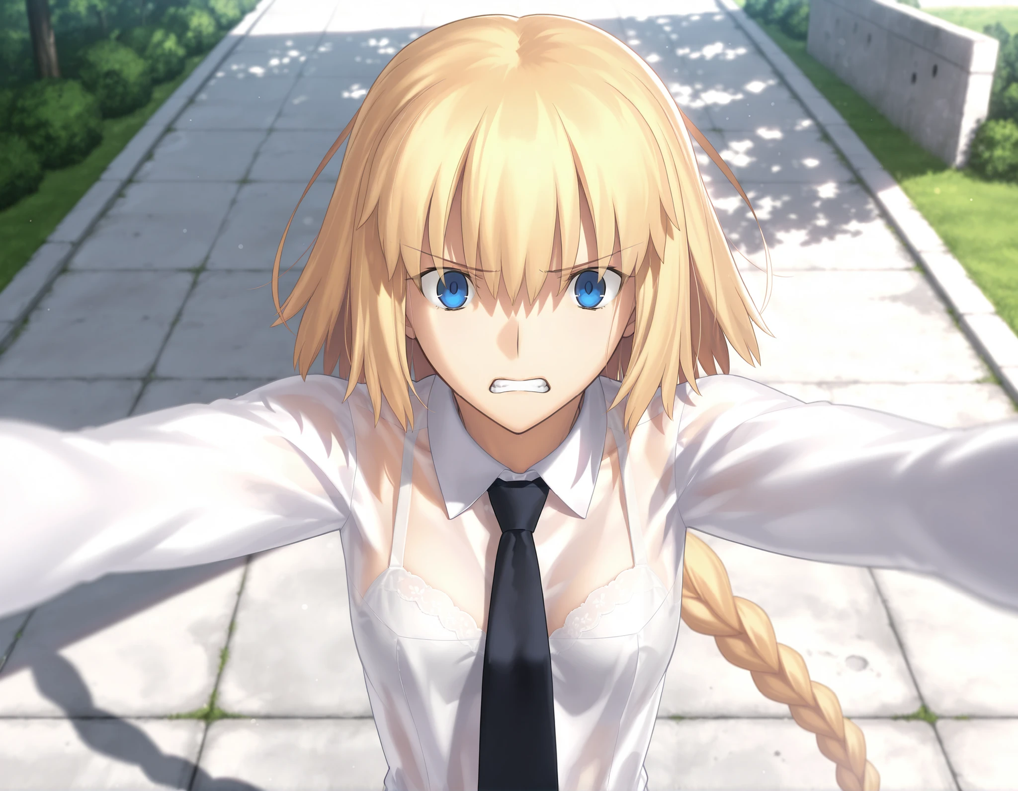 masterpiece, , absurdres, highres, detailed background, high resolution, masterpiece, necessary, detail, best quality, quality, necessary, details, High details, Precise, outdoors, (dappled sunlight), day, lens flare, blurry background, ((from above)), upper body, , solo, ,
1girl, , Takeuchi Takashi (type-moon,tsukihime) style, takeuchi takashi style, (outstretched arms), ((grimace, scared)), Yelling out, hands up,
tall girl, mature, jeanne d arc, \(fgo\), blue eyes, , jeanne d arc, blonde hair, medium hair, ( floating hair ), (open white dress shirt), black necktie ,big braid, single braid, small breasts, underwear, looking at viewer, bra ,light see-through, concrete, , ,