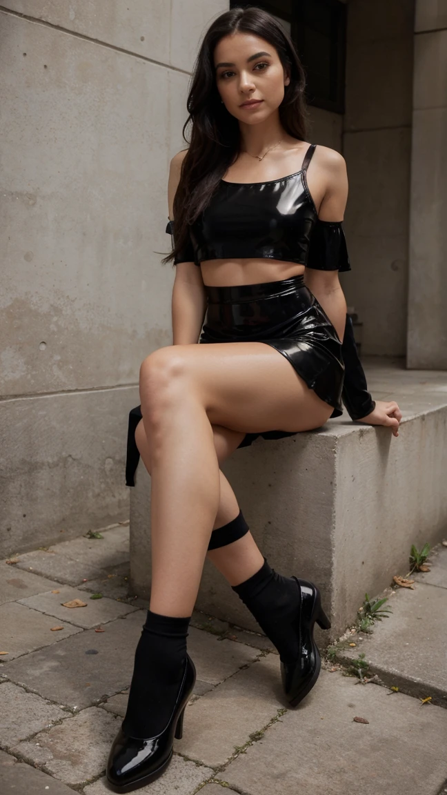 1girls, Nur, green Hair , 24 years old , She should wear a mini leather dress with a deep slit and a low-cut chest, shiny high-heeled shoes, elegant eye-catching jewelry, braided stone buckles in her hair, and her make-up should be in dark tones.