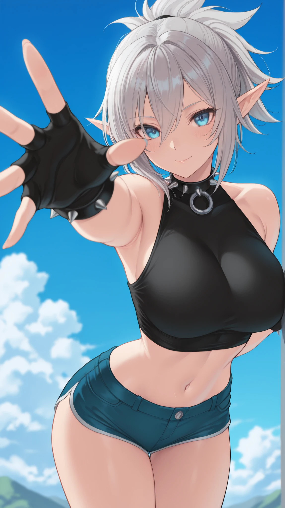 masterpiece, best quality, amazing quality, newest, very aesthetic, 1girl,Image is a digital illustration featuring an anime-style character with a dynamic and playful pose. The character has light gray hair styled in a short, spiky fashion, and pointed ears, suggesting an elf-like appearance. Her skin is fair, and she has striking blue eyes with a mischievous expression. She is wearing a black sleeveless top with a spiked choker, fingerless gloves, and blue shorts. The character's pose is energetic, with one hand reaching towards the viewer, creating a sense of depth and movement. The background is a clear blue sky with soft clouds, enhancing the lively and adventurous atmosphere of the scene.