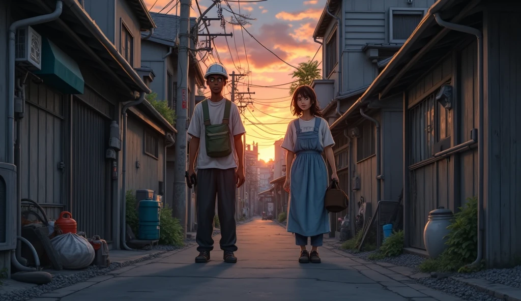 Anime-style scene of a humble Tokyo alleyway at dusk, showing Harry’s father carrying construction tools and his mother in cleaning clothes with tired expressions — emotional realism, gritty yet heartfelt, traditional anime environment