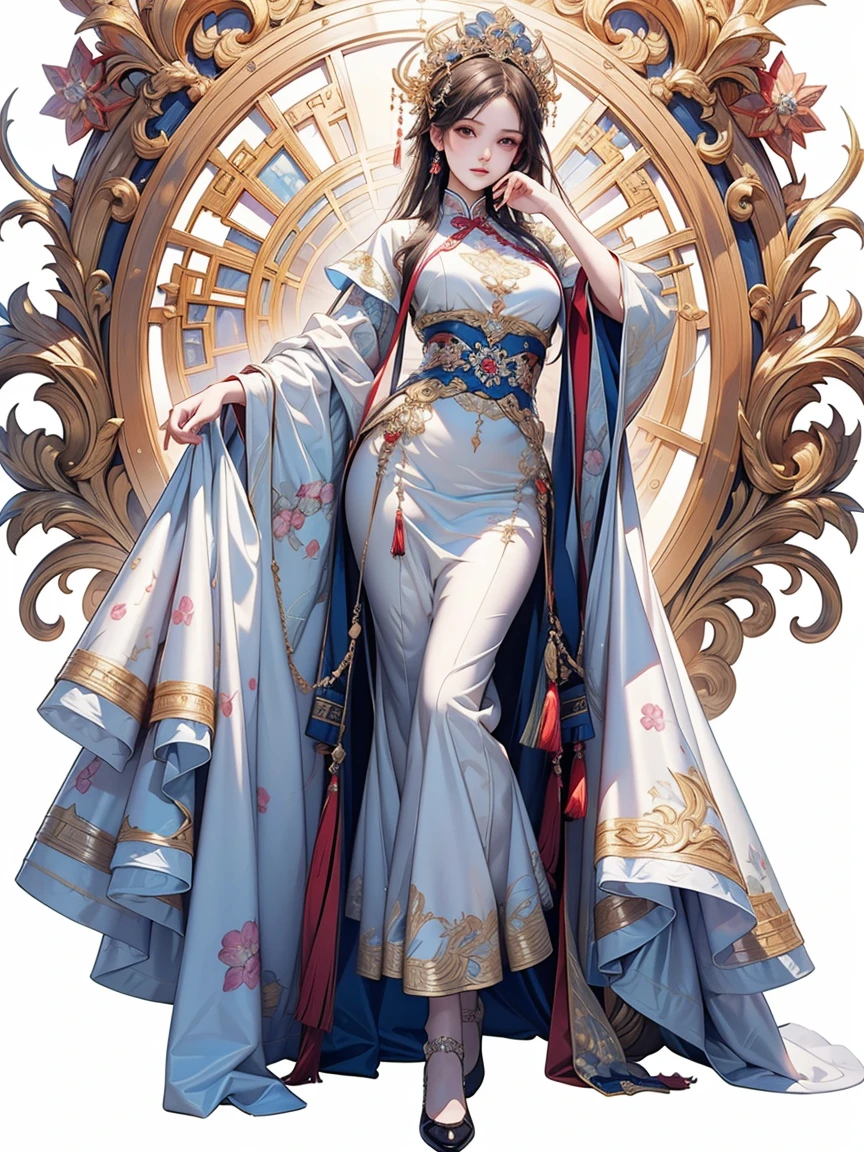 Buddhist text background all over the sky,A Bodhi Girl,long hair shawl,Big breasts,wearing cassock,Swastika embossed jewelry on back,Nasturtium at feet,Movie Special Effects,Super detailed,8k