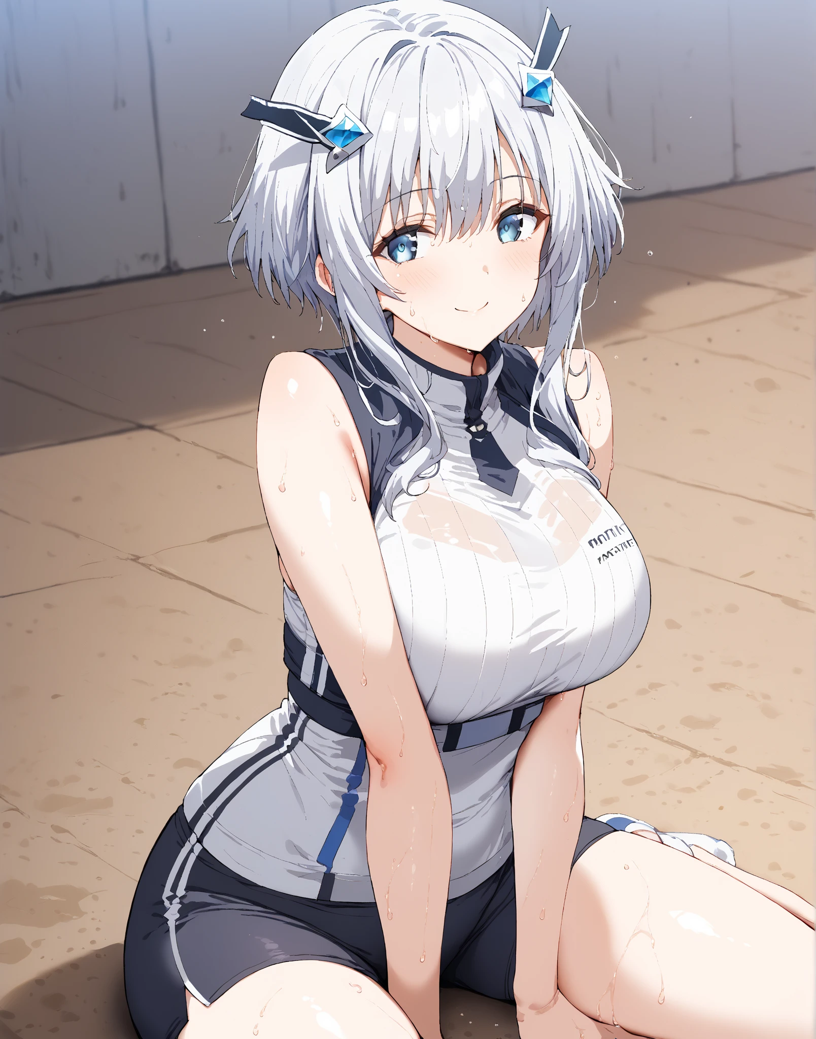 Masterpiece, best quality, highres, highly detailed, 1 girl, long hair, white hair, half - up style hair, red ribbons in right side hair, red eyes, large breast, white tank top, mini shorts, she wet, drenched, nipple perked out from under shirt, wet clothes sticking to her body, outdoor, public park, looking at viewers, perfect finger shape, the number of fingers is not excessive