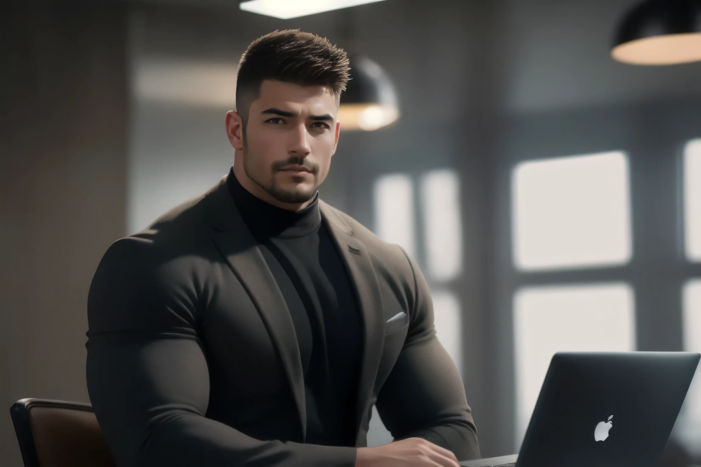 1个 muscular男人Sit in an upscale luxury office,    VERY STRONG  ，exquisite perfect facial features ，Buzz Cut，Buzz Cut，Sit in an upscale luxury office, He is working with a laptop， He is wearing a high-class luxury business suit jacket， and wears high neck, long sleeve, Tight t-shirt with gray modal fabric texture, He has a sad expression， Slightly head-on,  American round inch ,   thick thighs  , Very tight, Regular symmetrical pattern, big goalslight muscles, high end western pants ,   character concept  （Buzz Cut Chris Redfield）  proud expression,  deep and charming eyes, Heroic male pose , tall Burly,  muscular！ muscular thighs, Tough Guy,  perfect facial features , big goals, Burly, Heqiang, Super exquisite and cool, big goals Resolution Committee, Extraordinary Charm  , Cinematic lighting effects