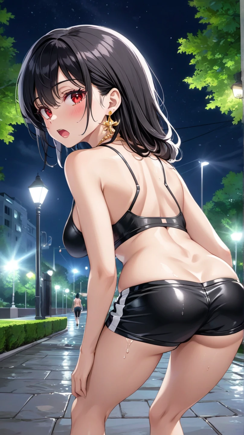 ((Perfect Anatomy:1.2,Realistic:1.3,RAW Photos:1.3,masterpiece、Highest quality、Ultra - High resolution、High resolution、Highly detailed CG、8k)),((Dynamic composition)). 1 female,Height 175cm,On all fours,young,short hair,(Black Hair),Small Head:1.3,Forehead,(Wet Hair,Wet Face,Wet Skin),((anger:1.4)),((Brown Skin:1.5)),(Glowing Skin,Glowing Skin),((blush:1.4)),black eye, ((Wearing a white T-shirt and white thongs)),((Showing viewers a white thong)),Beautiful ass,((Big Ass:1.4)),Exposed thighs,Beautiful thighs,75 degree angle from bottom,Anatomically accurate hand representation. The background is a night pool,(night).