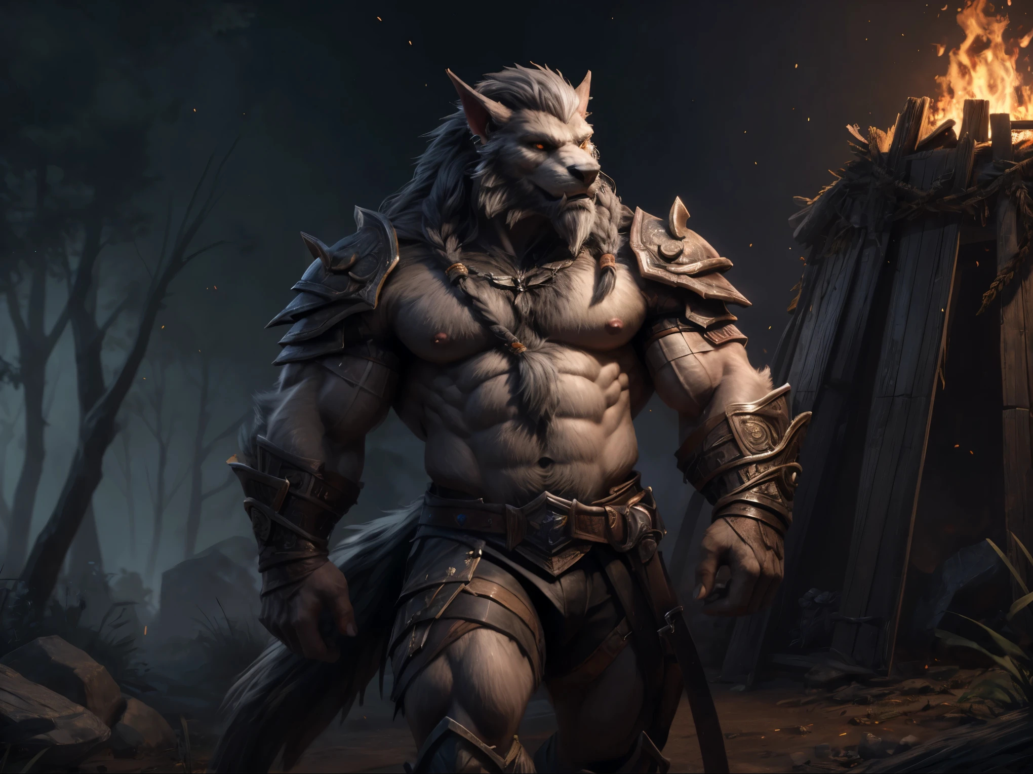 A very detailed, well-defined male anthro wolf , wearing a barbarian costume , (((bathed in sweat all over his well-defined muscles,that all his fur is wet with sweat ,very sweaty all over his well defined body))), powerful barbarian warrior, Hyper realistic, 8k, photorealistic, cinematic lighting, vibrant colors, intricate details, masterpiece
