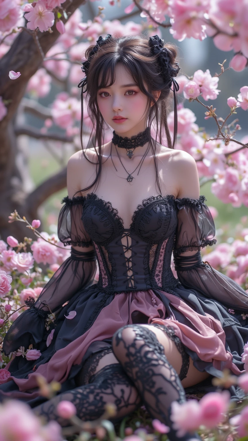 nsfw, sexy stylish Swedish model, only 1 female, ((doll-like appearance)), short purple stylish hair, shiny Victorian-Style boots, beautiful smile, ultra detailed eyes, vivid eye makeup, lipgloss, long lashes, defined eyebrows, ((sexy Paradise Kiss cosplay)), bell-shaped skirt, petticoats, high neckline, puffed sleeves, ((ultra detailed lace)), ((ultra detailed embroidery)), intricate details, Paradise Kiss accessoires and matching headpiece, choker, ((large sparkling Paradise Kiss jewelry)), cinematic light, detailed large park background with trees 