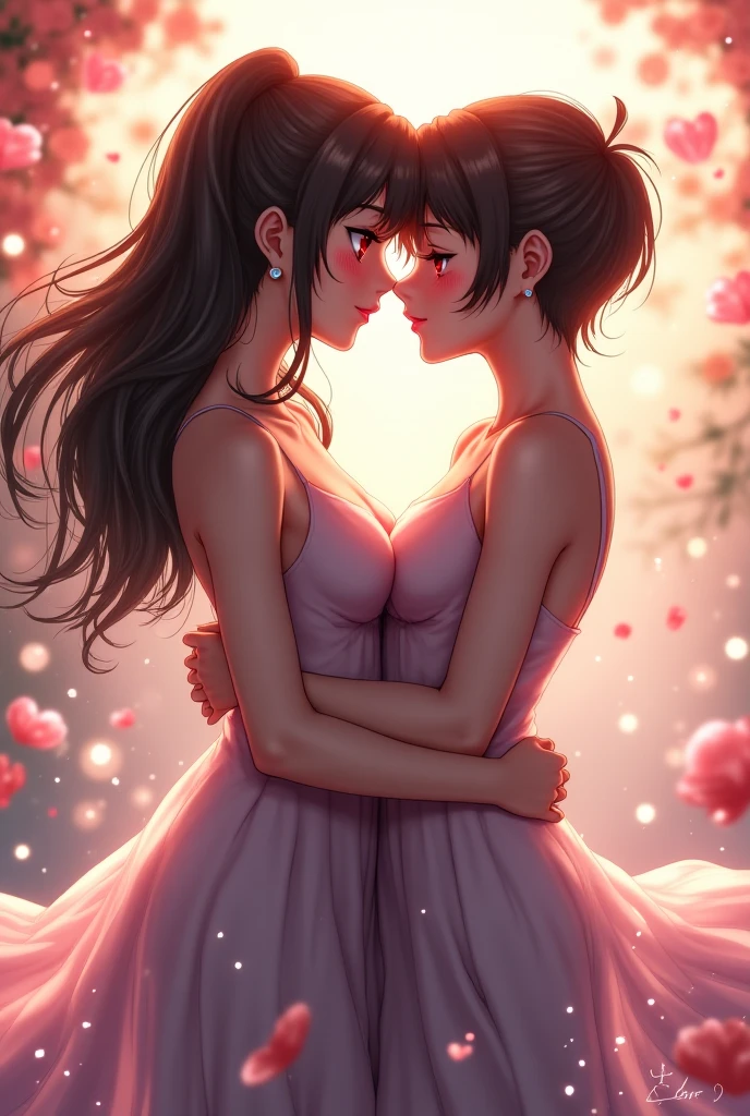 Two girls dancing tango close together, kissing and touching, purple dress and silver dress, semi-naked, one with long black hair and the other with short hair, anime girls